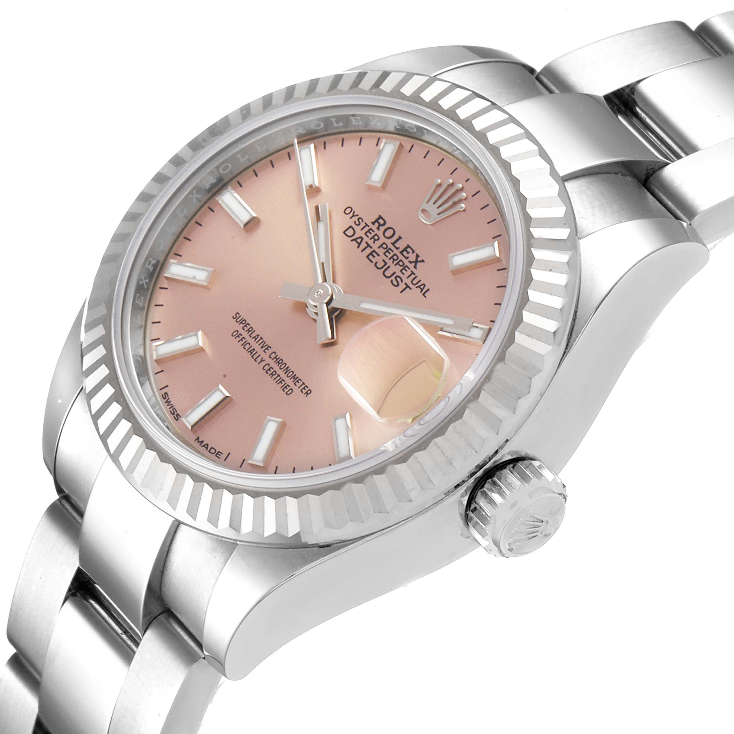 The image shows a Rolex Datejust 279174 Women's Stainless Steel Pink Dial 279174 Women's Stainless Steel Pink Dial watch at a slight angle, displaying its face, case, and part of the bracelet.
