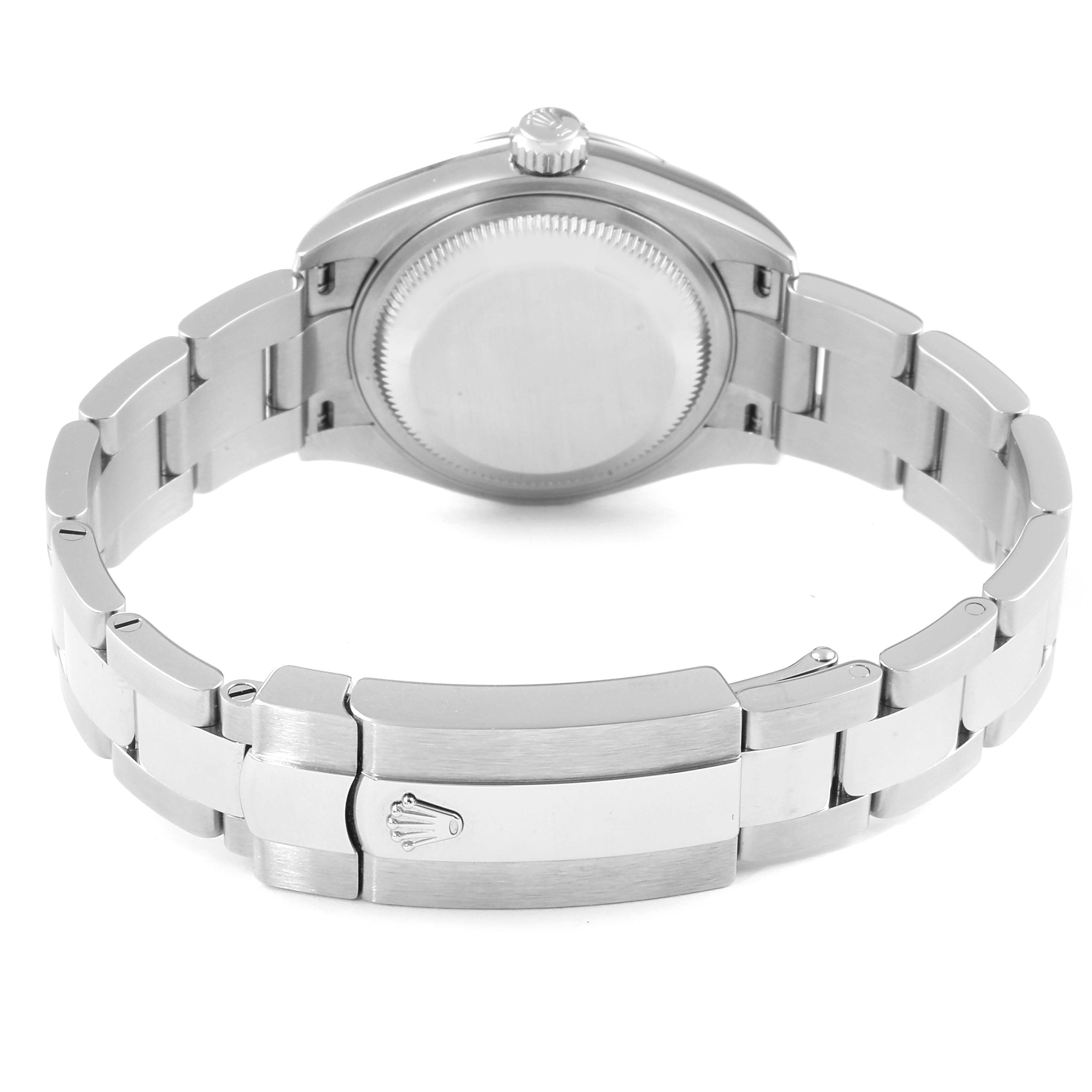 This image shows the back case and bracelet clasp of a Rolex Datejust 279174 Women's Stainless Steel Pink Dial 279174 Women's Stainless Steel Pink Dial watch from a rear angle.