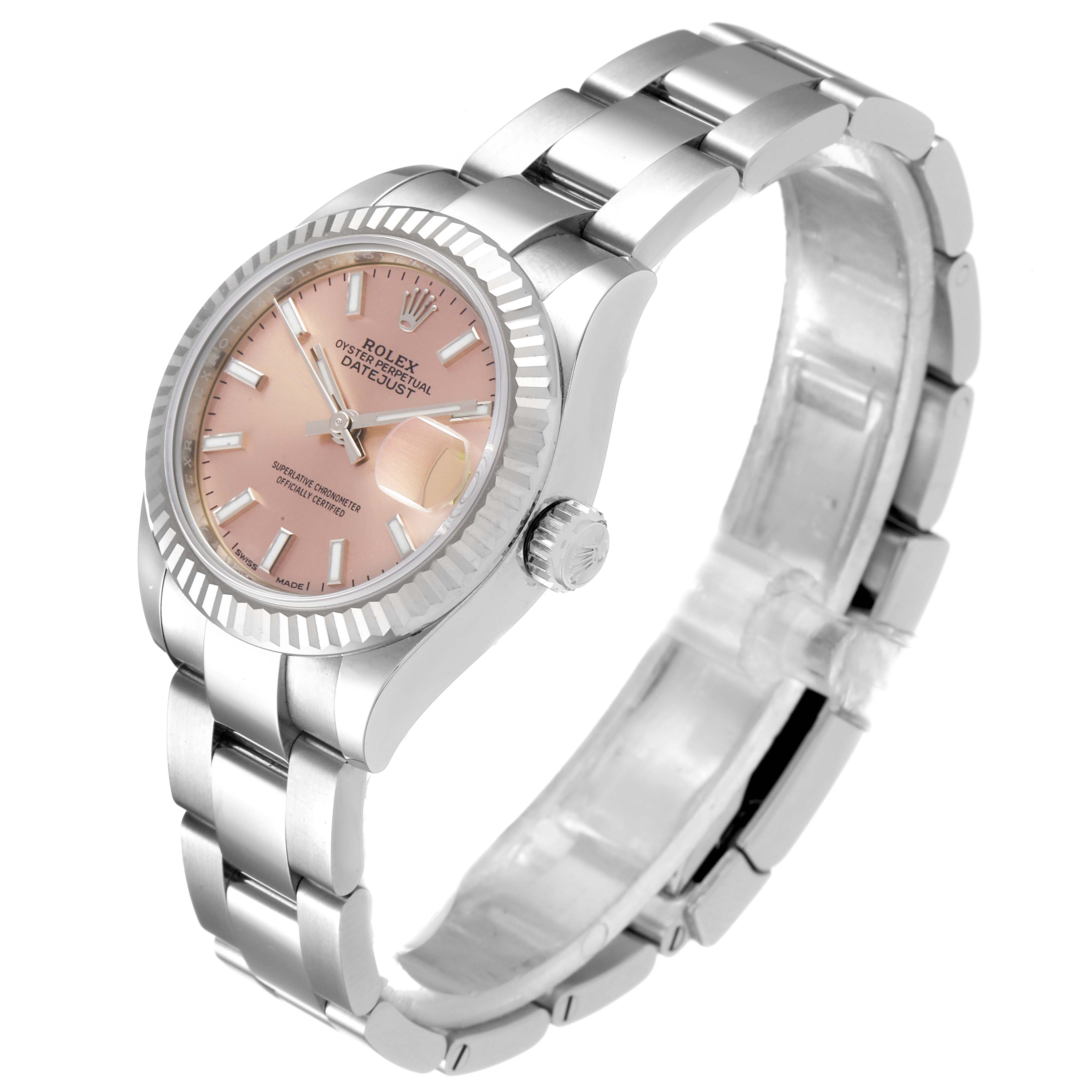The Rolex Datejust 279174 Women's Stainless Steel Pink Dial 279174 Women's Stainless Steel Pink Dial watch is shown at a slightly tilted side angle, featuring its dial, bezel, crown, and bracelet.