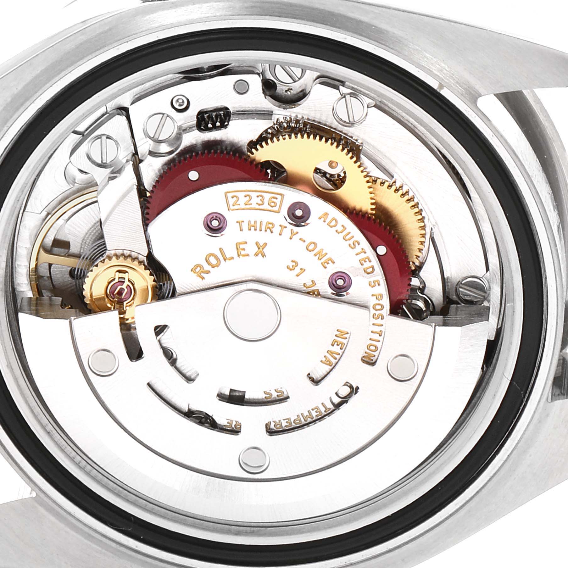 This image shows the internal mechanism and movement of a Rolex Datejust 279174 Women's Stainless Steel Pink Dial 279174 Women's Stainless Steel Pink Dial watch from an angled close-up view.