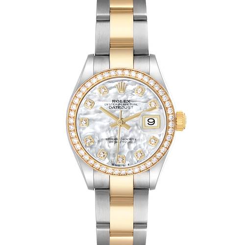 The Rolex Datejust 279383 Women's Steel and Gold (two tone) Mother of Pearl Dial watch is shown from the front, displaying the dial, bezel, and part of the bracelet.