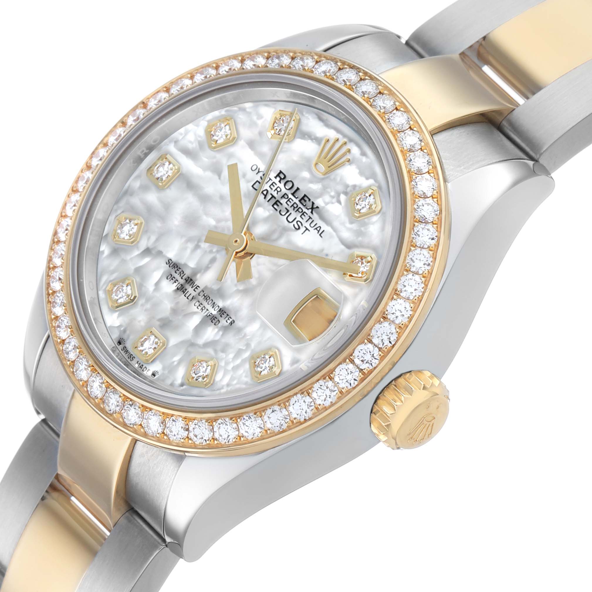 The Rolex Datejust 279383 Women's Steel and Gold (two tone) Mother of Pearl Dial watch is shown at a three-quarter angle, highlighting the face, bezel, crown, and part of the bracelet.
