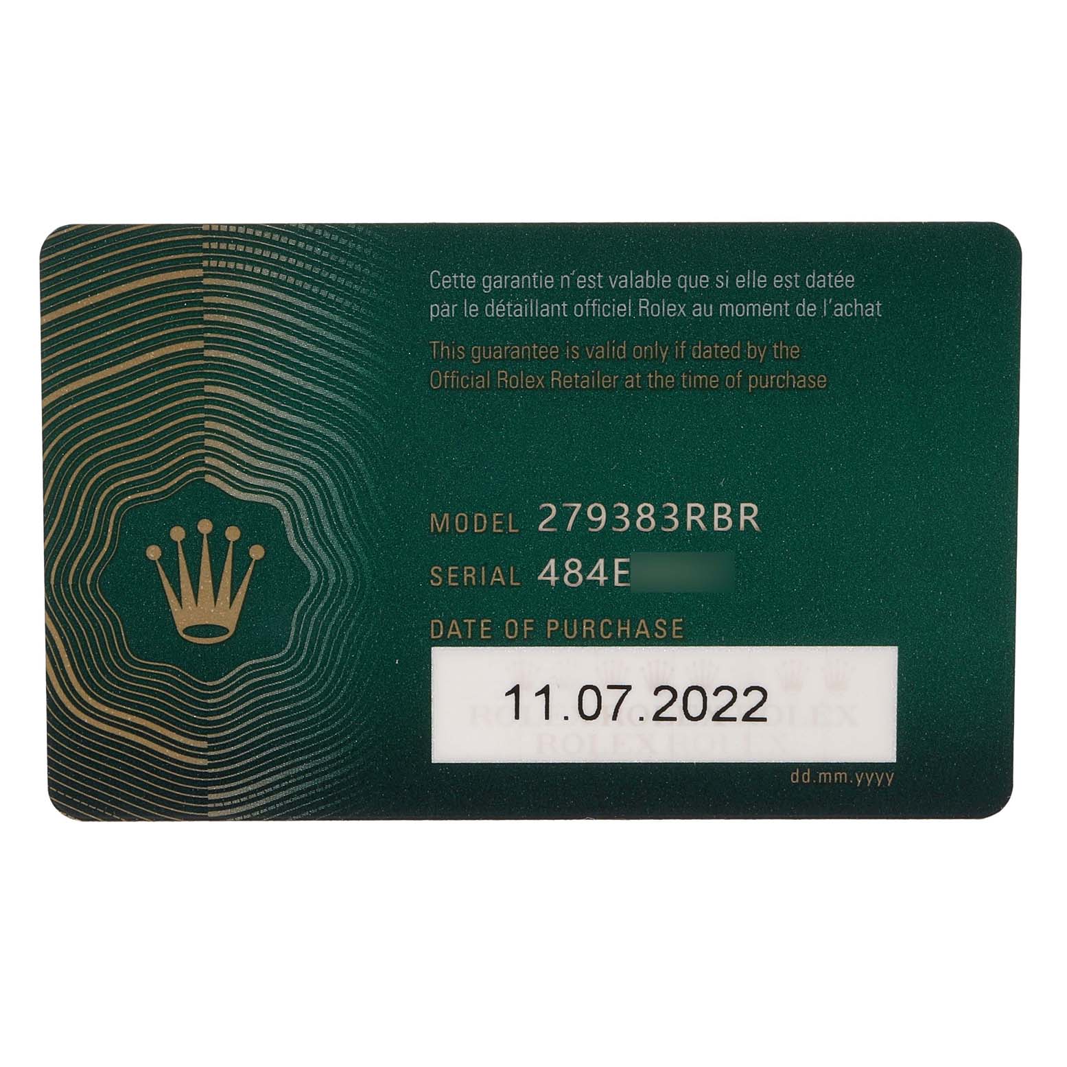 The image shows the warranty card for a Rolex Datejust 279383 Women's Steel and Gold (two tone) Mother of Pearl Dial, displaying the model and serial number.