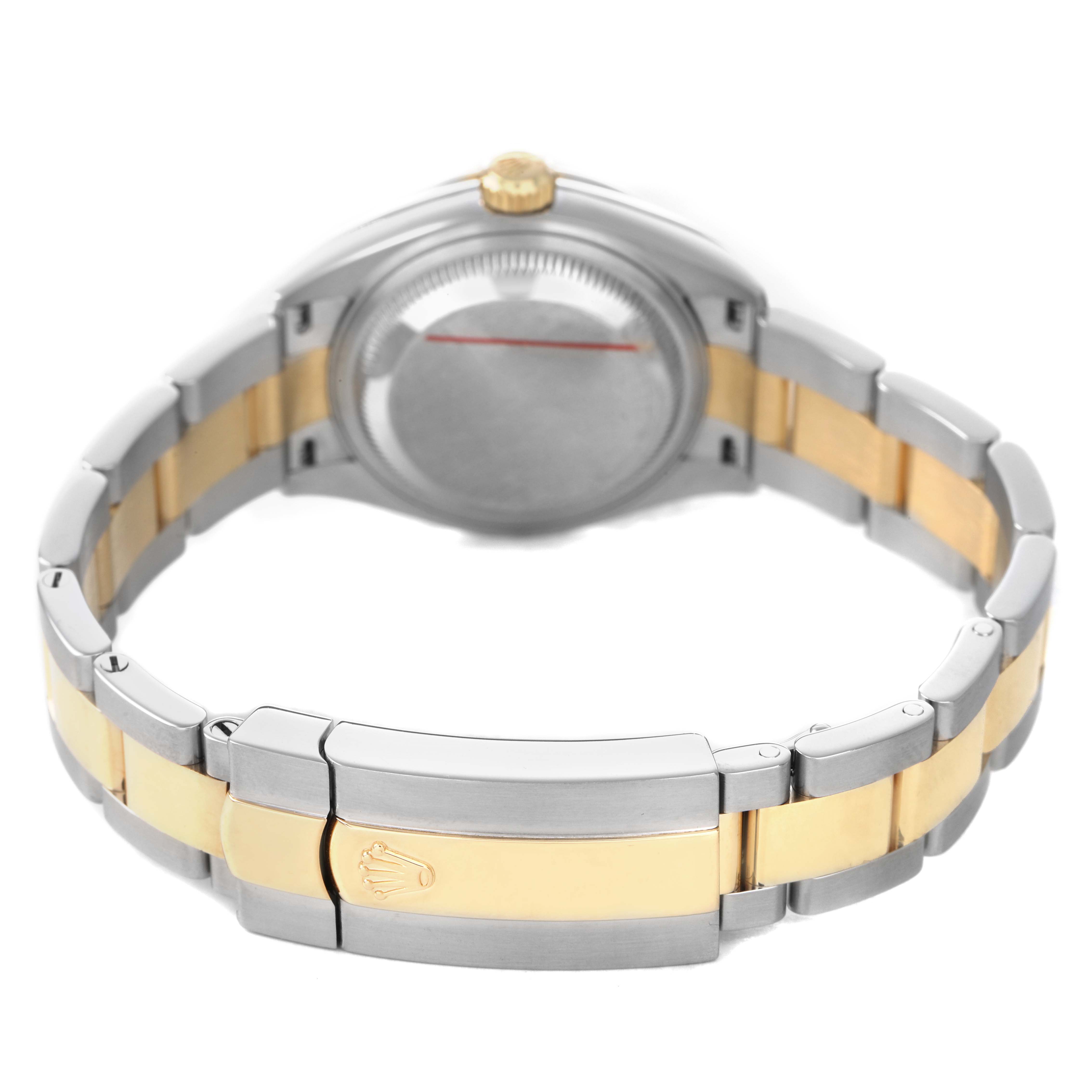 The image shows the back of a Rolex Datejust 279383 Women's Steel and Gold (two tone) Mother of Pearl Dial, focusing on the two-tone bracelet and clasp with the logo.