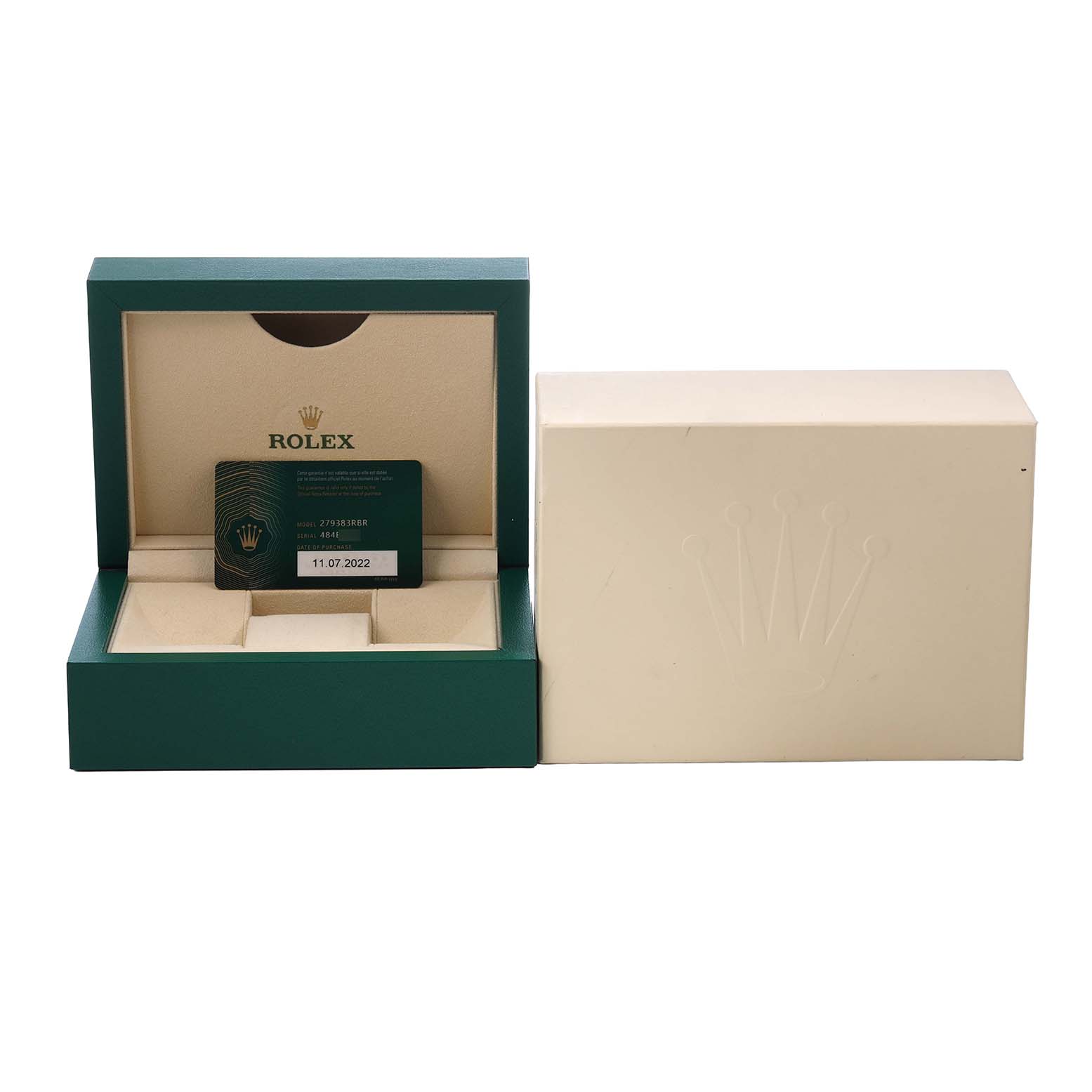 The image shows a Rolex Datejust 279383 Women's Steel and Gold (two tone) Mother of Pearl Dial watch box, with the inner box open and a card displayed.