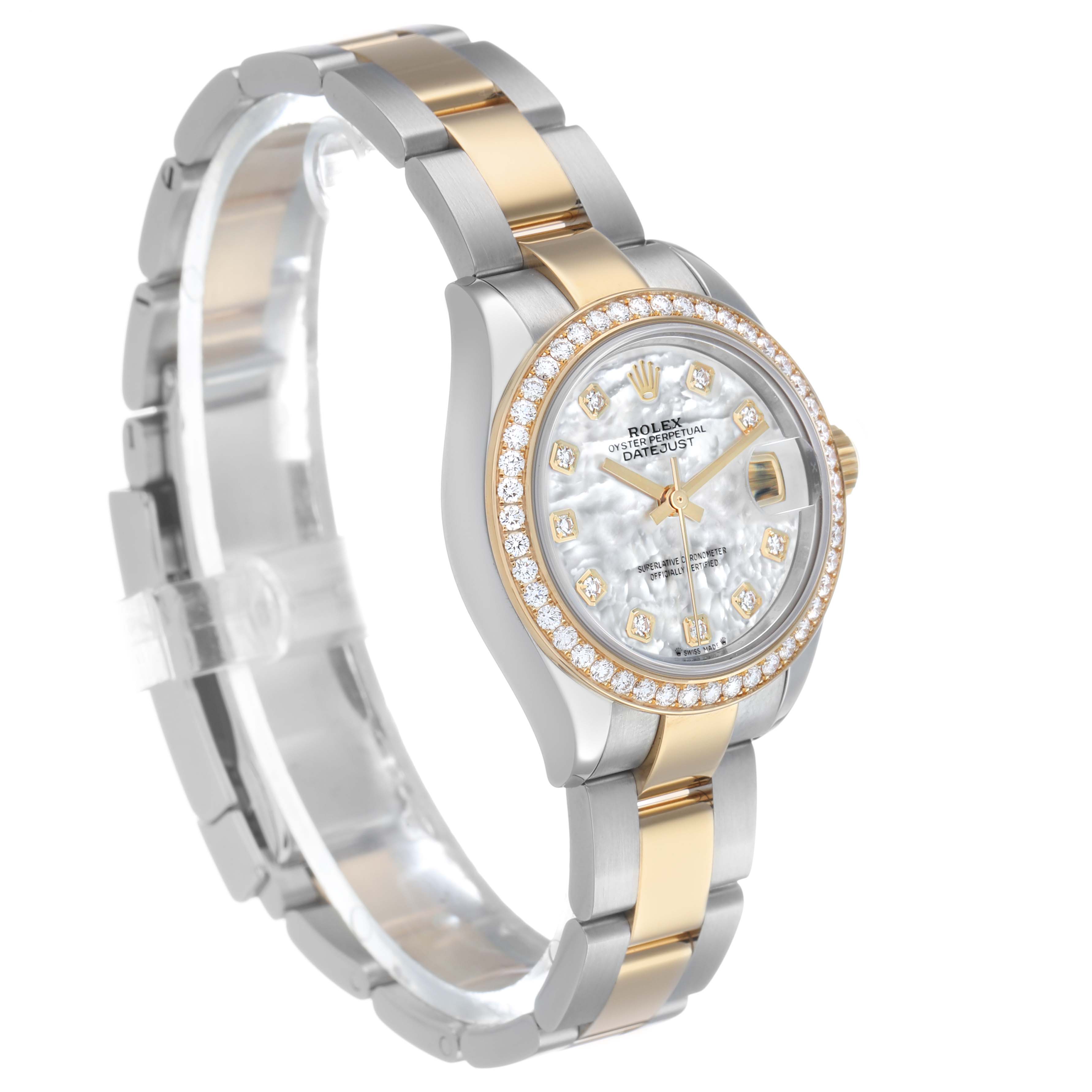 The Rolex Datejust 279383 Women's Steel and Gold (two tone) Mother of Pearl Dial watch is shown at an angled side view, highlighting its bracelet, bezel, and watch face.
