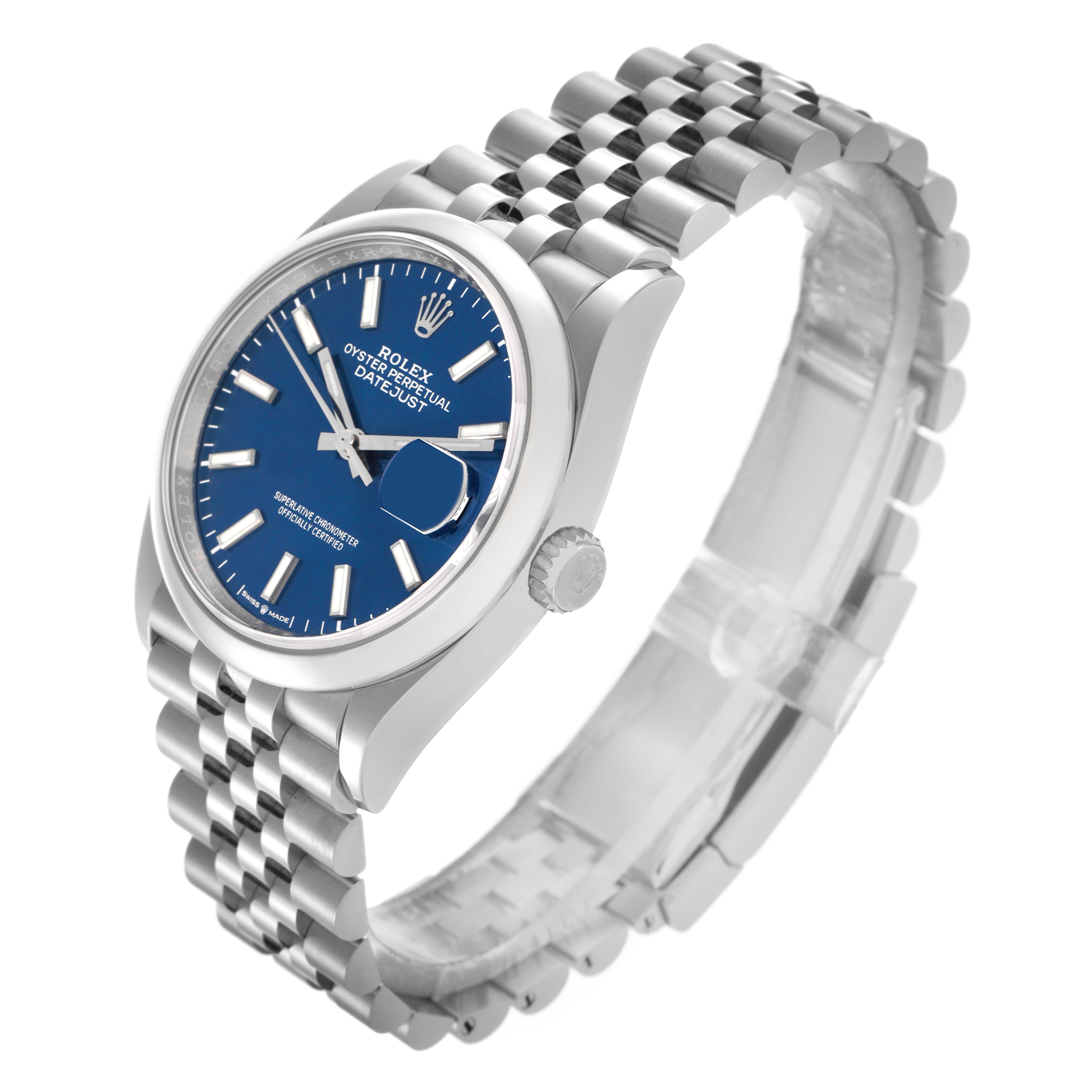 The Rolex Datejust 126200 Men
s Stainless Steel Blue Dial 126200 Men
s Stainless Steel Blue Dial watch is shown at a three-quarter angle, highlighting the blue dial, case, crown, and jubilee bracelet.