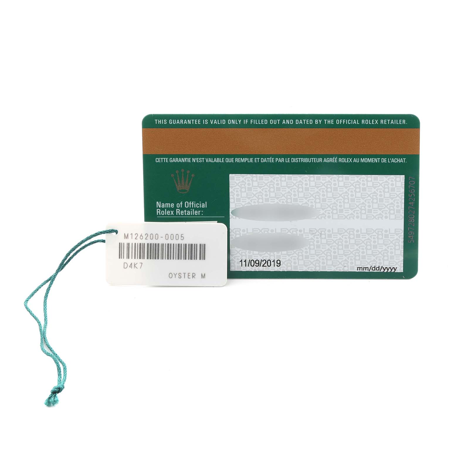 The image shows a Rolex Datejust 126200 Men
s Stainless Steel Blue Dial 126200 Men
s Stainless Steel Blue Dial warranty card and tag from a top view, featuring model and serial details.