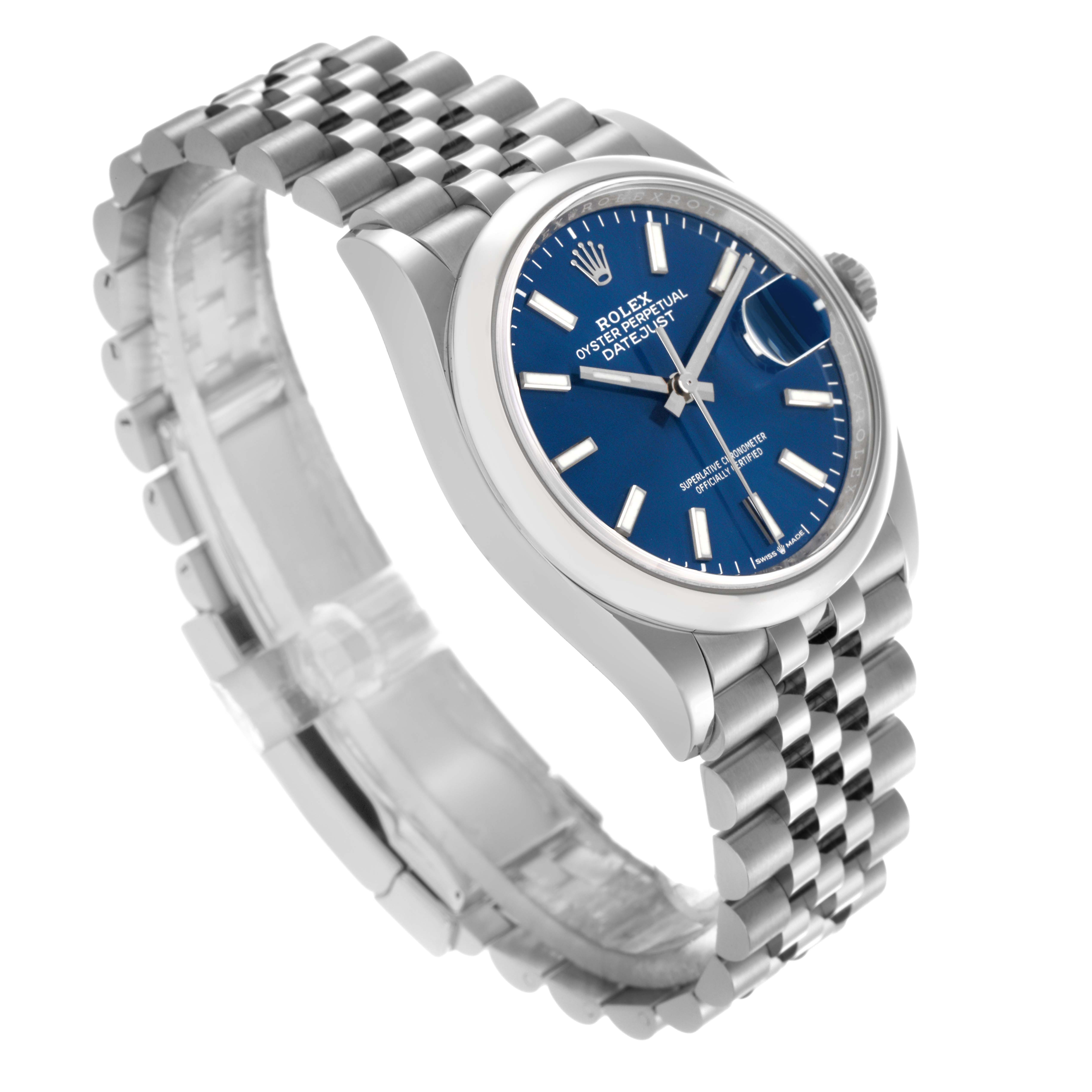 The Rolex Datejust 126200 Men
s Stainless Steel Blue Dial 126200 Men
s Stainless Steel Blue Dial is shown from a three-quarter angle highlighting its blue dial, jubilee bracelet, and fluted bezel.