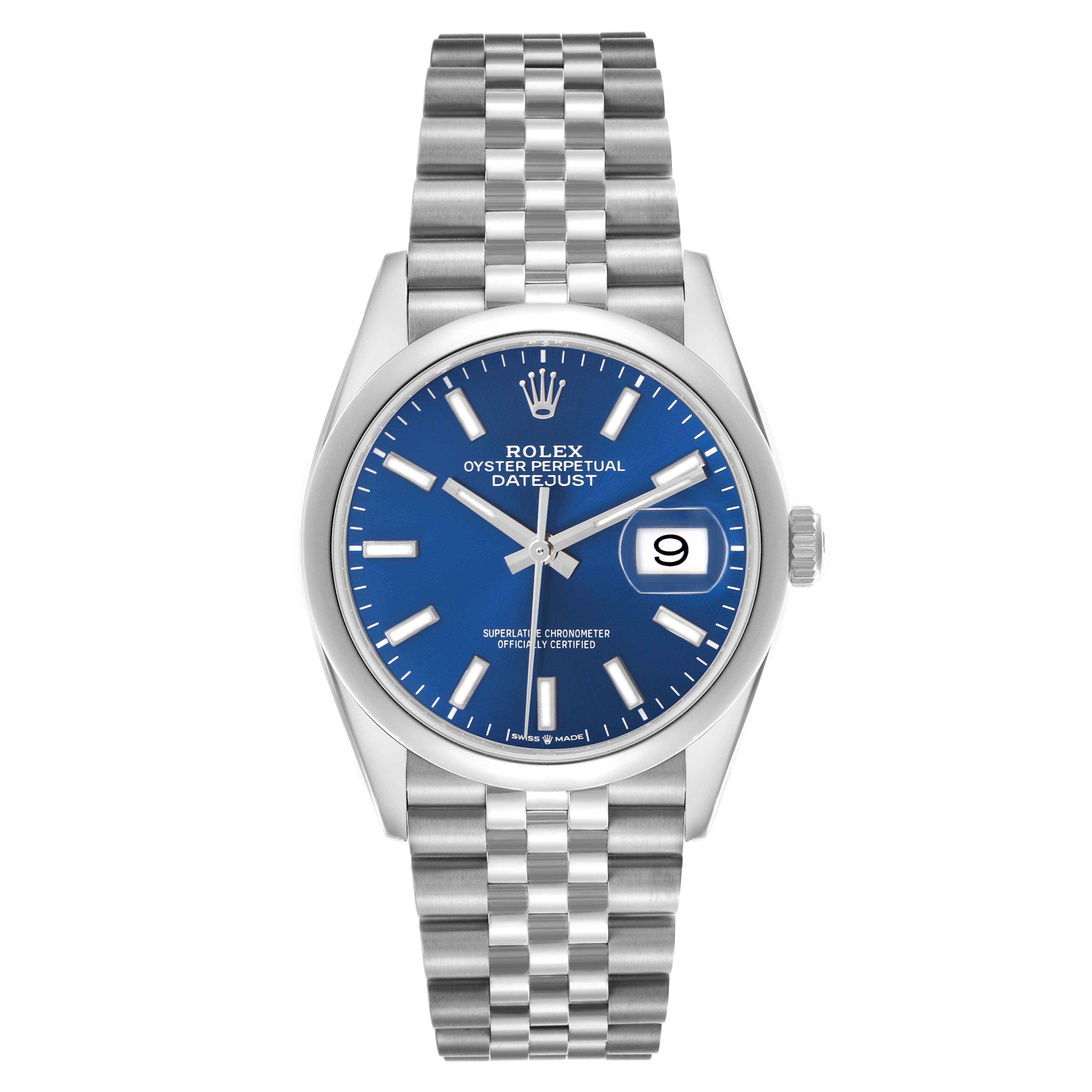 The Rolex Datejust 126200 Men
s Stainless Steel Blue Dial 126200 Men
s Stainless Steel Blue Dial watch is shown from the front, displaying its blue dial, date window, and jubilee bracelet.