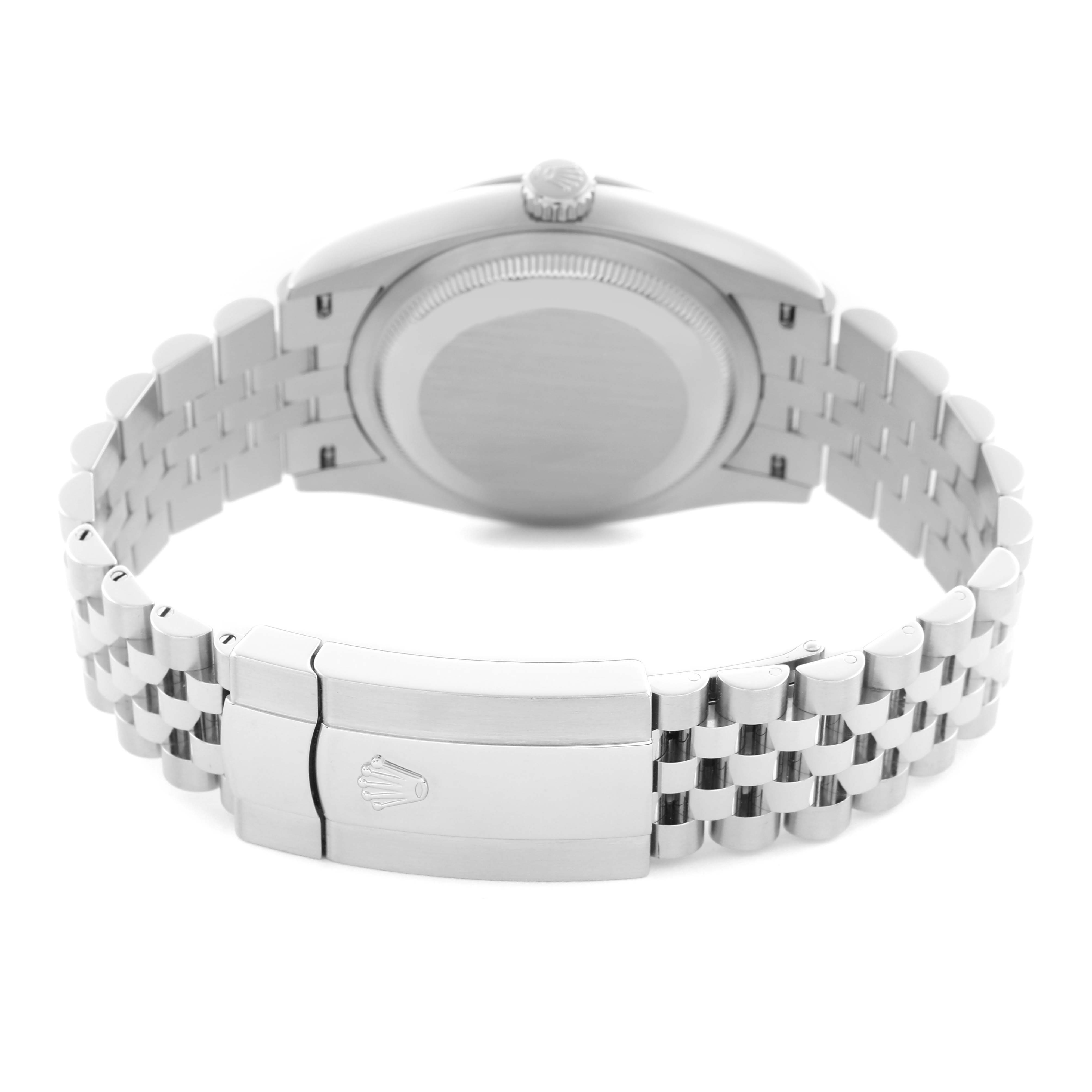 The image shows the back view of a Rolex Datejust 126200 Men
s Stainless Steel Blue Dial 126200 Men
s Stainless Steel Blue Dial watch, highlighting the case back and bracelet clasp.