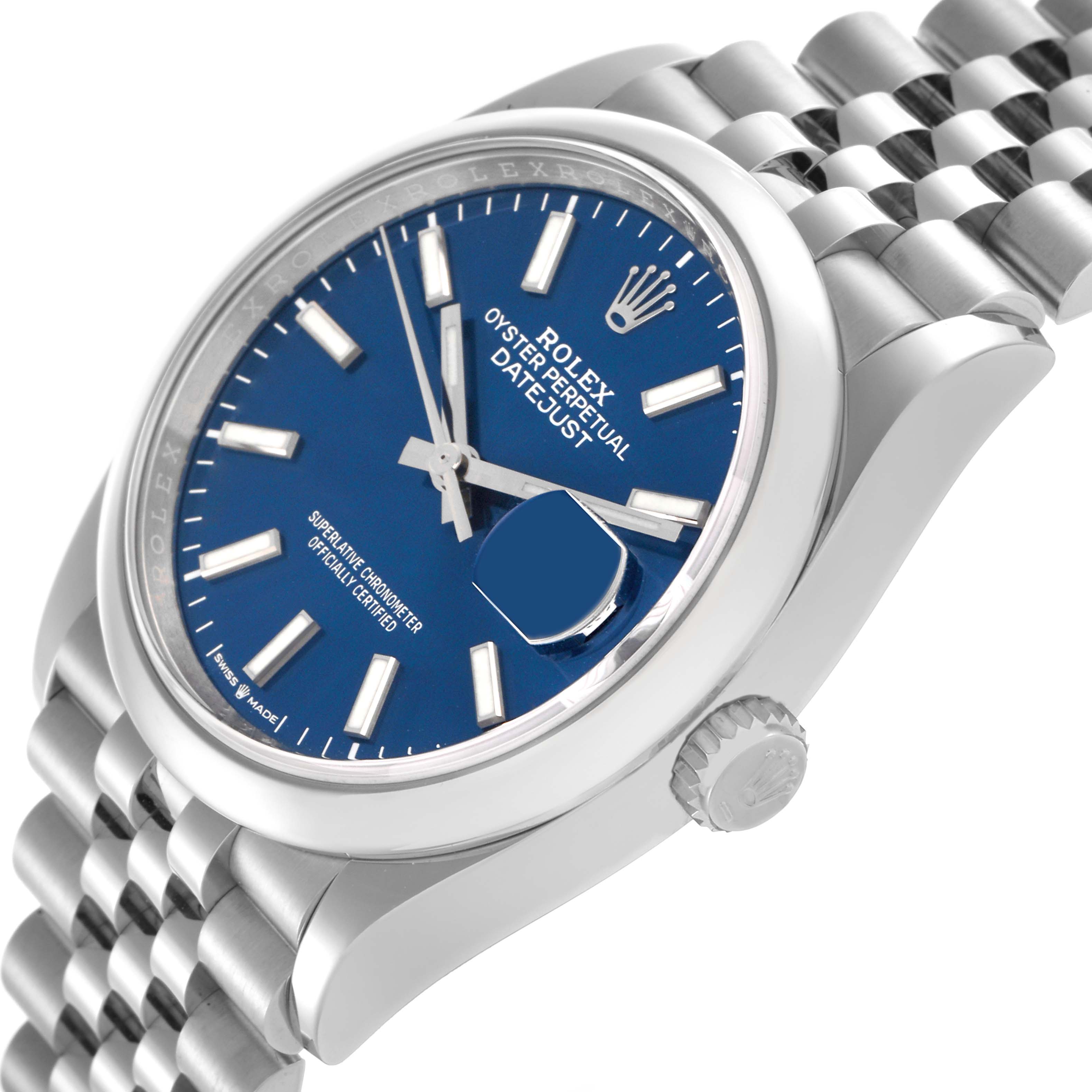 The image shows the Rolex Datejust 126200 Men
s Stainless Steel Blue Dial 126200 Men
s Stainless Steel Blue Dial from a three-quarter angle, highlighting the blue dial, bezel, crown, and jubilee bracelet.