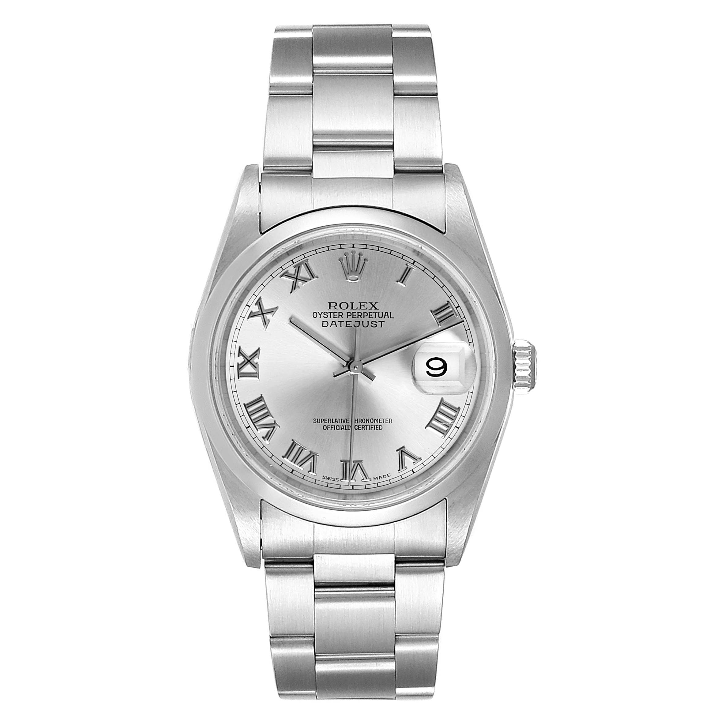 The Rolex Datejust 16200 Men
s Stainless Steel Grey Dial 16200 Men
s Stainless Steel Grey Dial watch is shown from the front, displaying its silver dial, metallic bracelet, and date window.