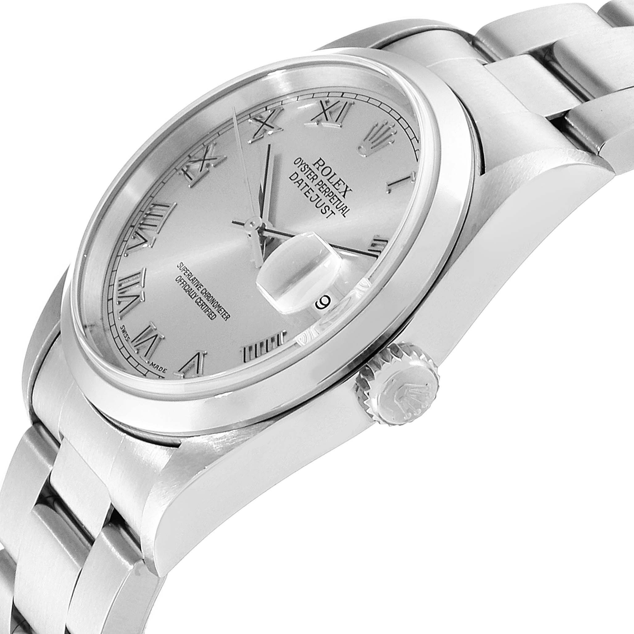 The image shows a Rolex Datejust 16200 Men
s Stainless Steel Grey Dial 16200 Men
s Stainless Steel Grey Dial watch from a side angle, highlighting the crown, bracelet, bezel, and part of the dial, including the date magnifier.