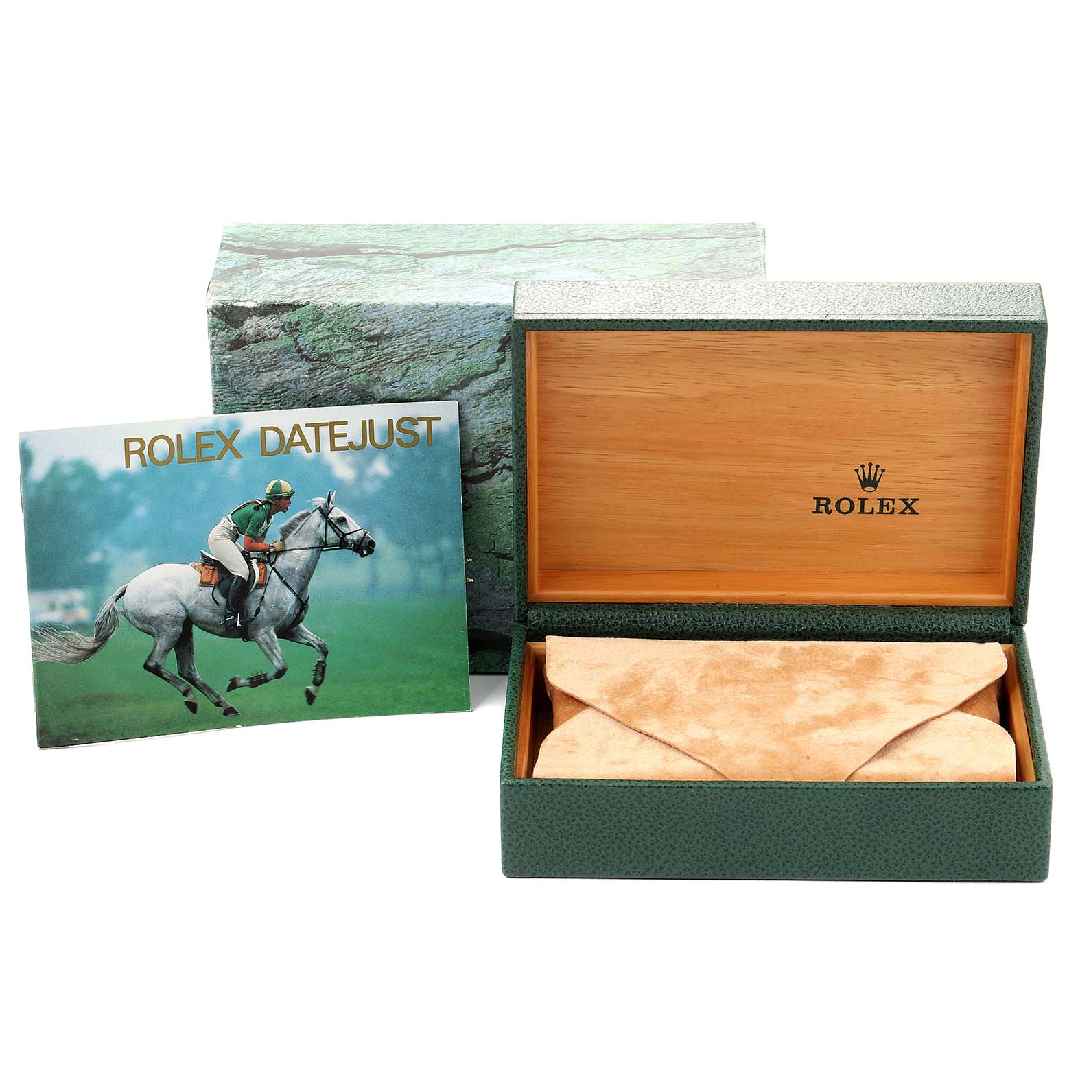 The image shows the box and manual for a Rolex Datejust 16200 Men
s Stainless Steel Grey Dial 16200 Men
s Stainless Steel Grey Dial watch, with the box lid open to reveal the interior.