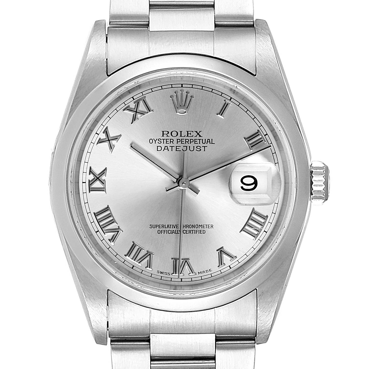 The image shows a front view of the Rolex Datejust 16200 Men
s Stainless Steel Grey Dial 16200 Men
s Stainless Steel Grey Dial watch, highlighting the dial, bracelet, crown, and date window.