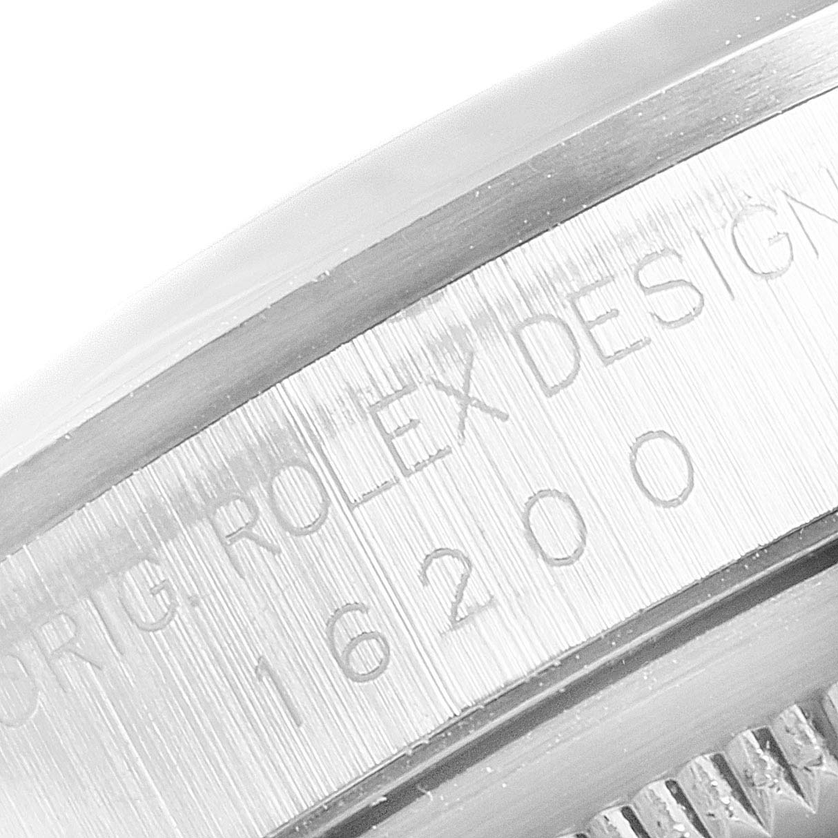 This is a close-up angle showing the reference number and bezel of the Rolex Datejust 16200 Men
s Stainless Steel Grey Dial 16200 Men
s Stainless Steel Grey Dial watch.