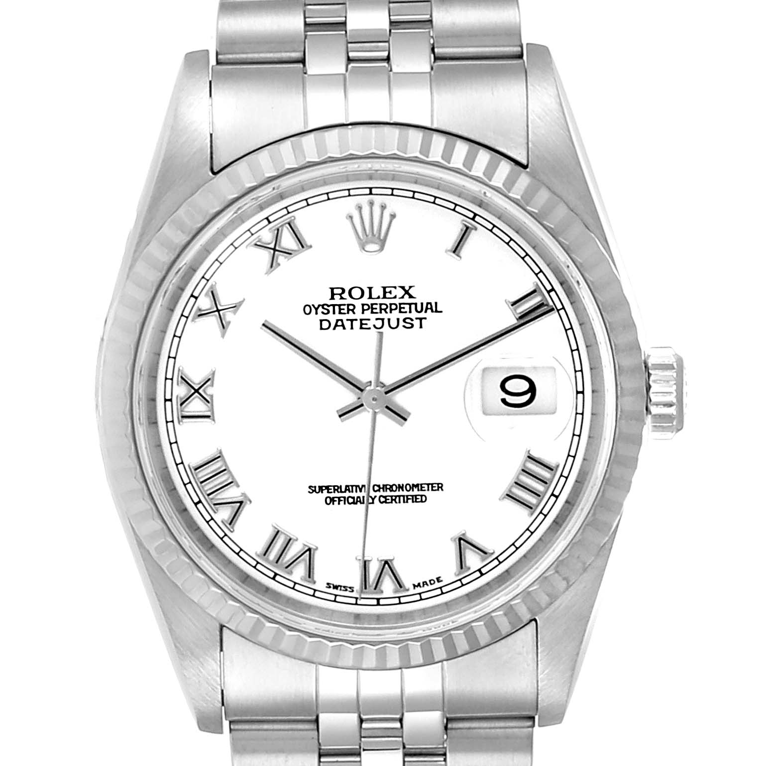 The image shows a frontal view of the Rolex Datejust 16234 Men's Stainless Steel White Dial 16234 Men's Stainless Steel White Dial watch, highlighting the dial, hands, date window, and part of the bracelet.