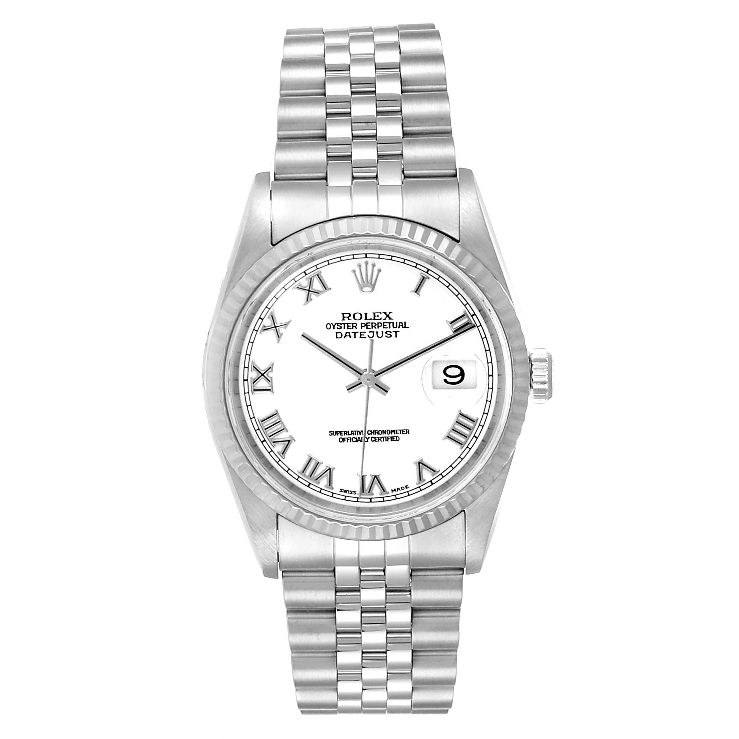 This image shows a front view of a Rolex Datejust 16234 Men's Stainless Steel White Dial 16234 Men's Stainless Steel White Dial watch, highlighting the dial, bezel, and bracelet.