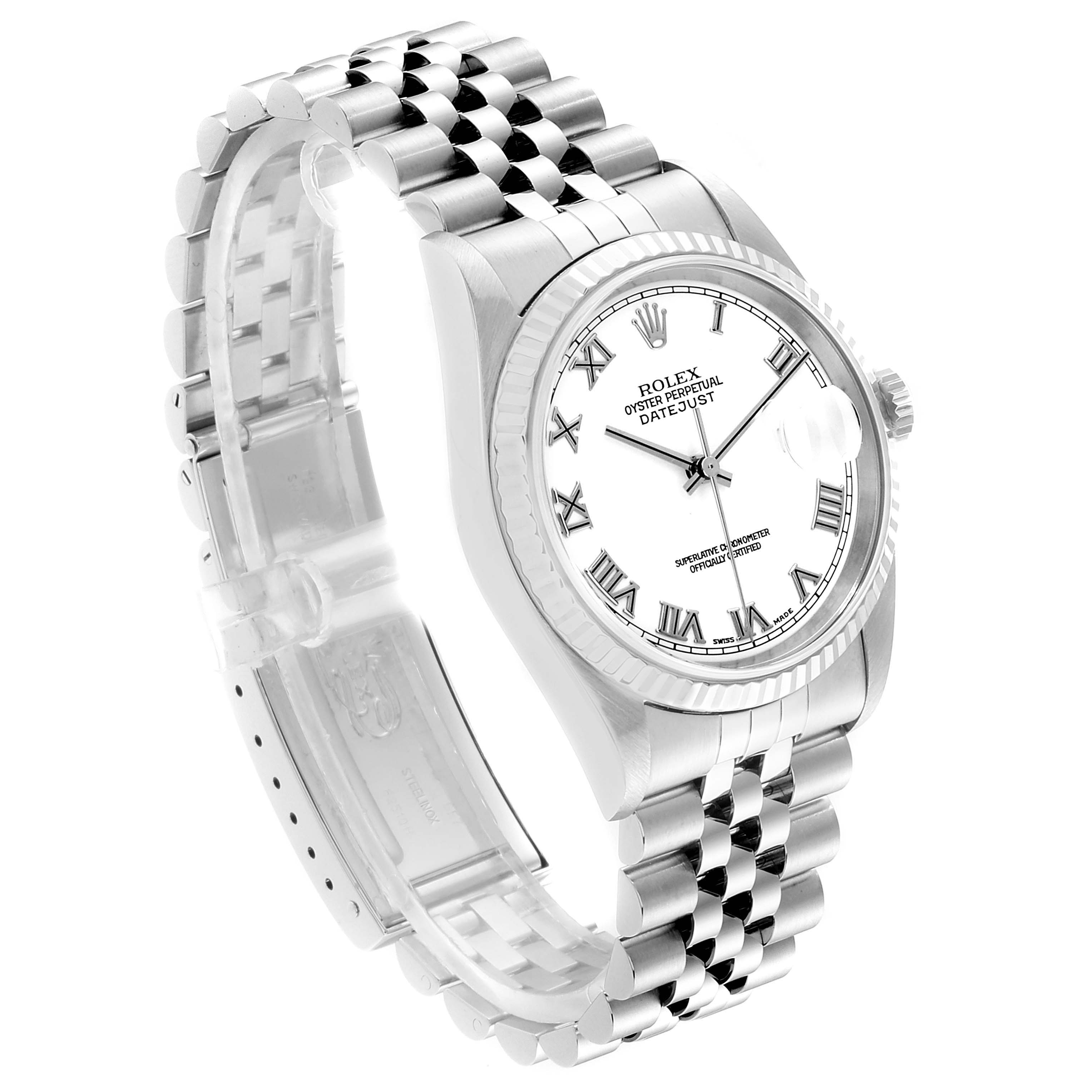 The image shows a Rolex Datejust 16234 Men's Stainless Steel White Dial 16234 Men's Stainless Steel White Dial watch angled to display its dial, fluted bezel, and stainless steel Jubilee bracelet.