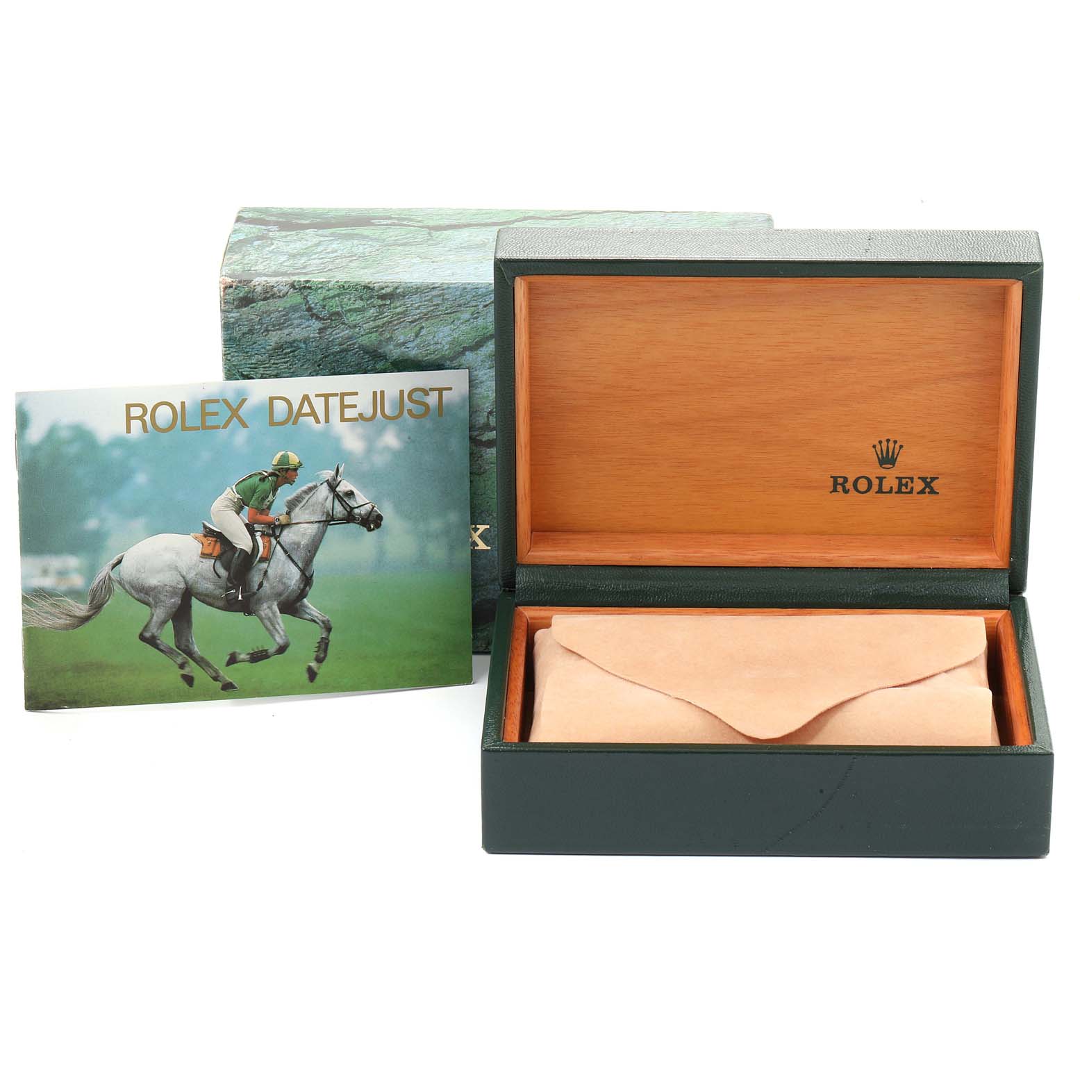 The image shows an open Rolex Datejust 16234 Men's Stainless Steel White Dial 16234 Men's Stainless Steel White Dial watch box and a booklet beside it, both at a straight-on angle.