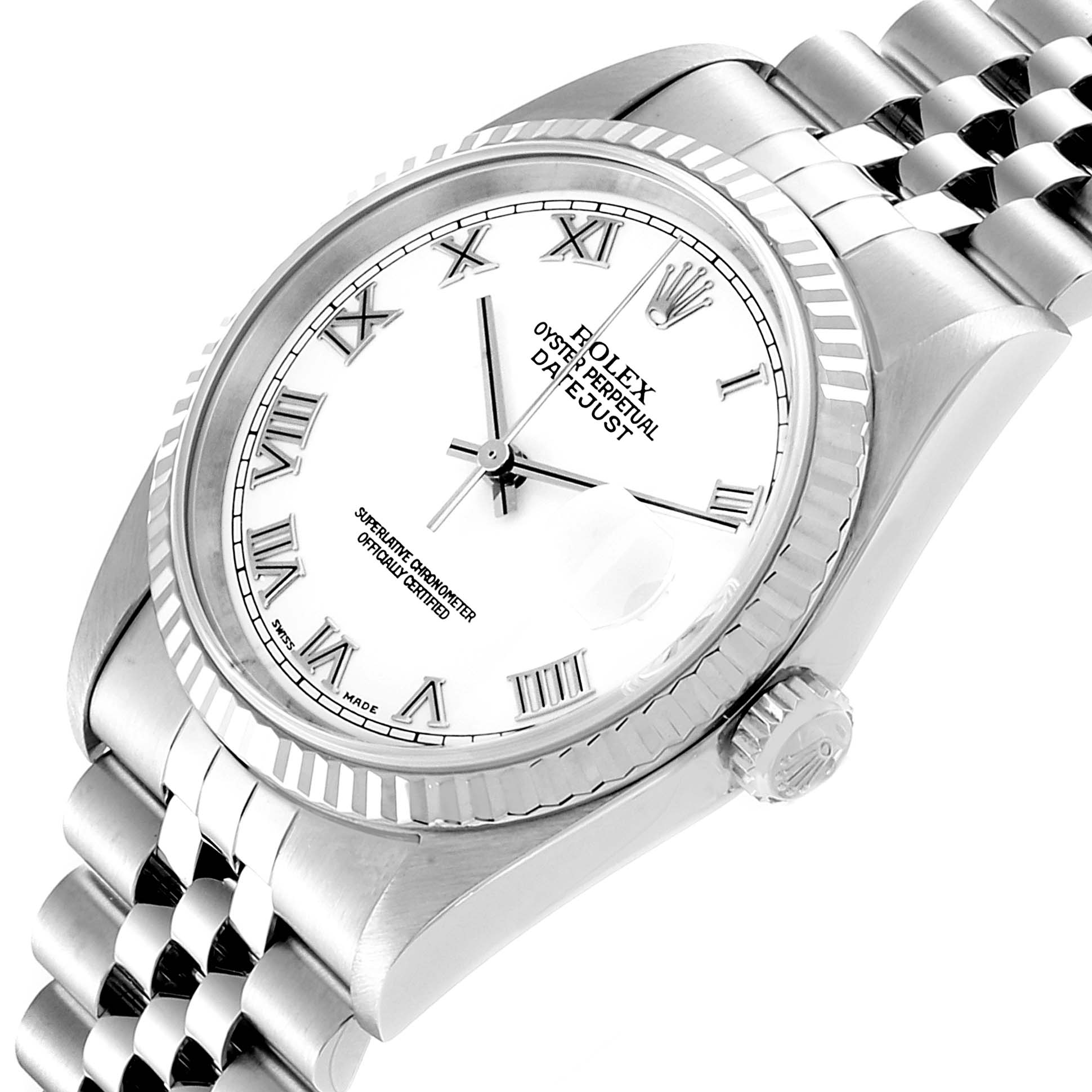 The image shows a Rolex Datejust 16234 Men's Stainless Steel White Dial 16234 Men's Stainless Steel White Dial watch from an angled front view, highlighting its face, bezel, crown, and part of the bracelet.