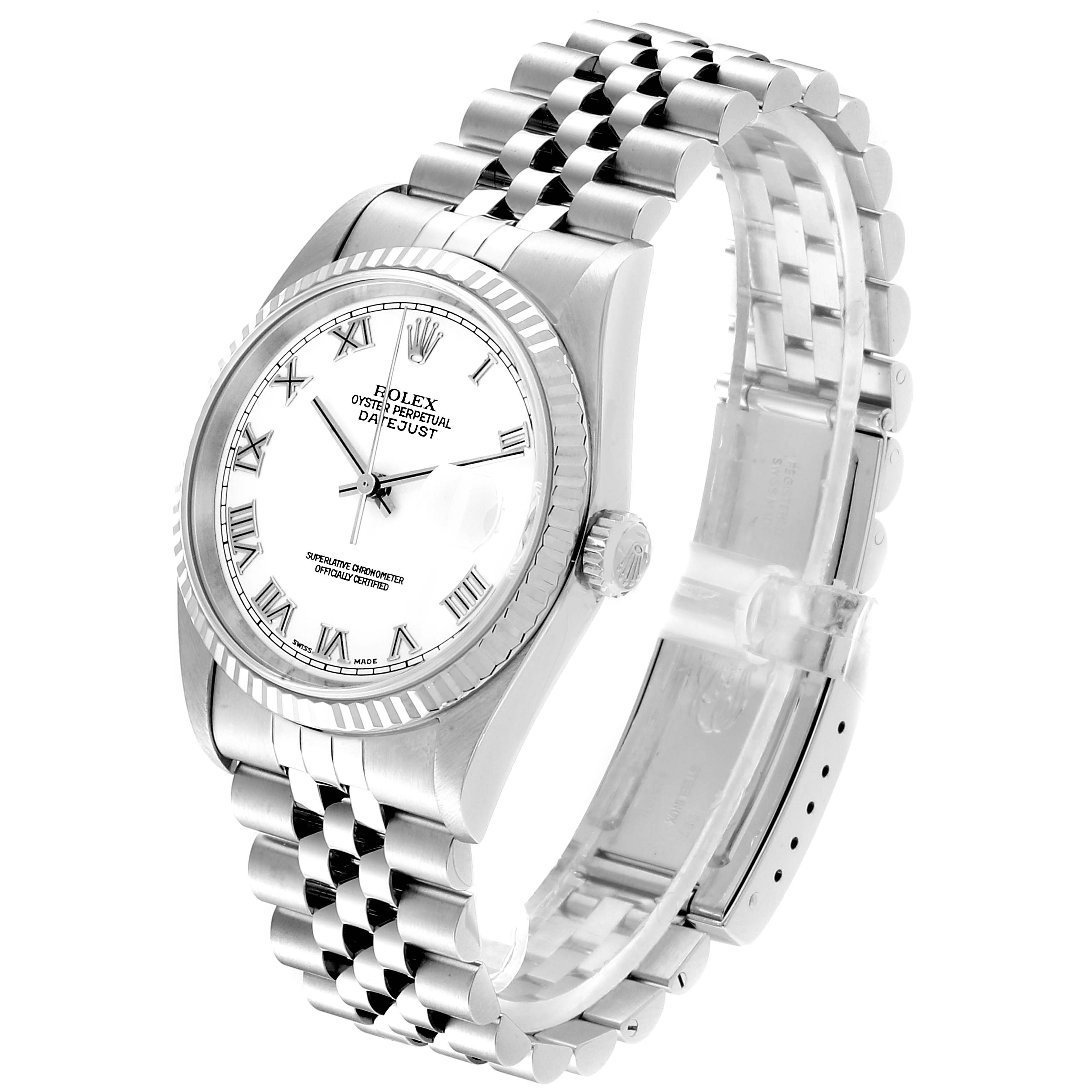 This image shows a Rolex Datejust 16234 Men's Stainless Steel White Dial 16234 Men's Stainless Steel White Dial watch from a three-quarter angle, highlighting the face, bezel, and jubilee bracelet.