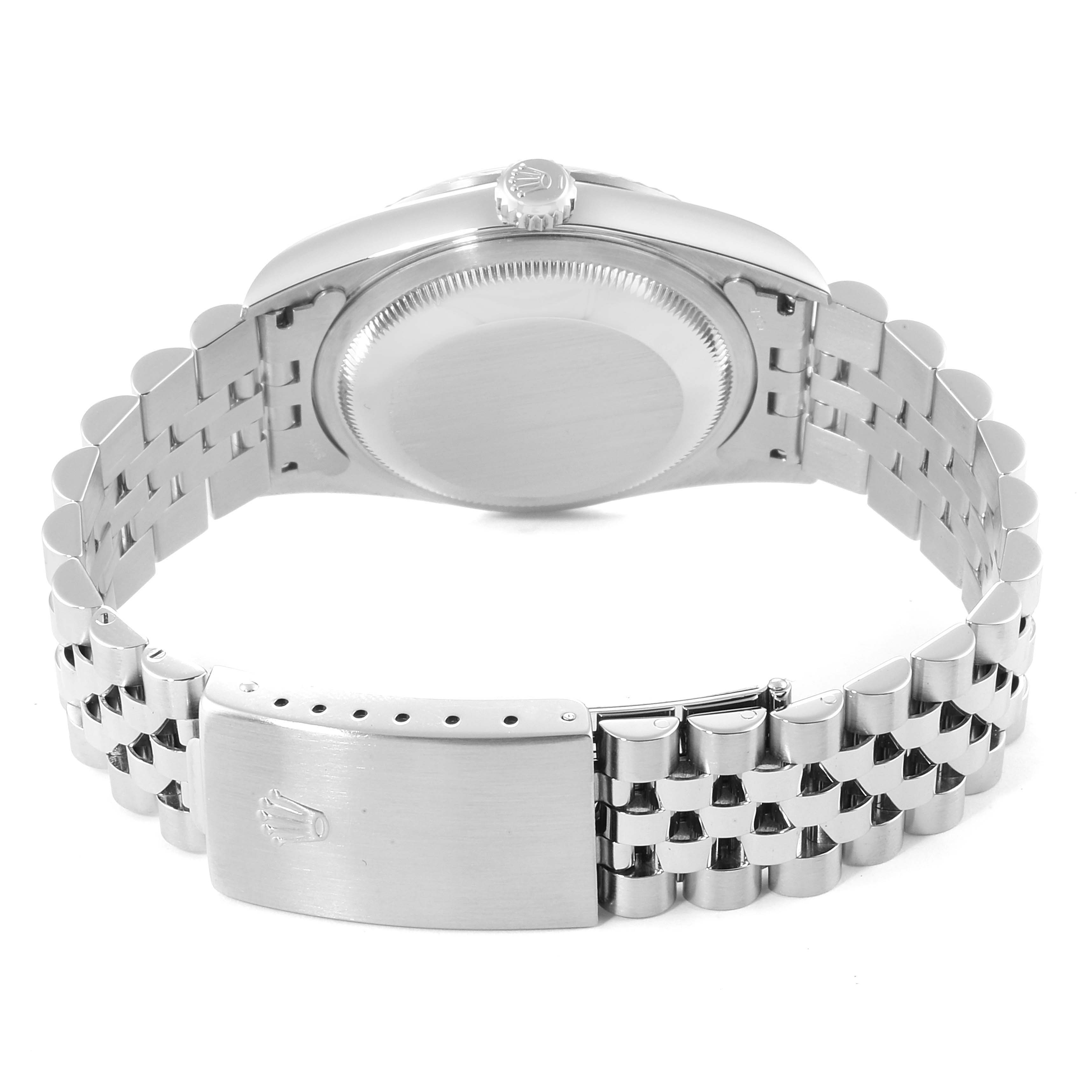 The image shows the back view of a Rolex Datejust 16234 Men's Stainless Steel White Dial 16234 Men's Stainless Steel White Dial watch highlighting the case back, bracelet, and clasp.