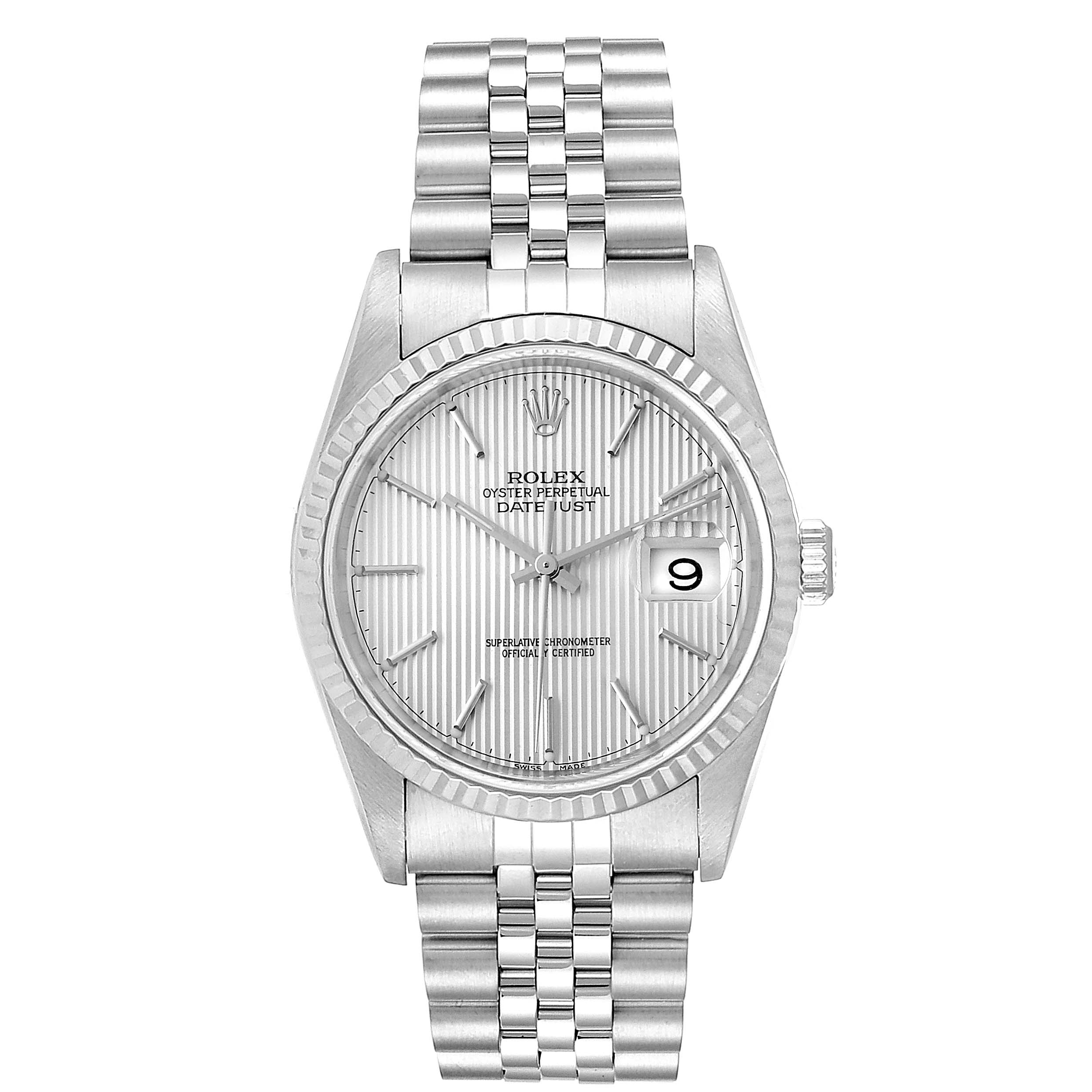 The image shows a frontal view of a Rolex Datejust 16234 Men's Stainless Steel Silver Dial 16234 Men's Stainless Steel Silver Dial watch, highlighting its face, dial, date window, bezel, and bracelet.