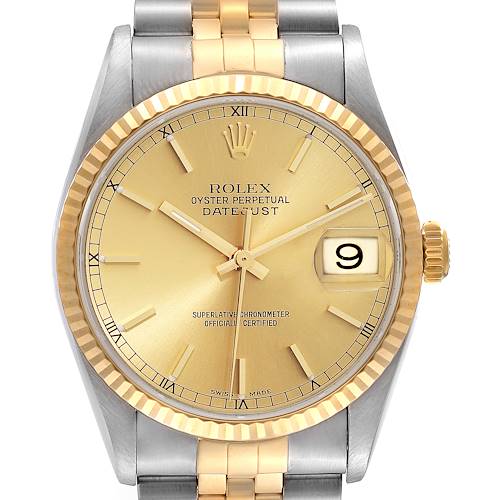 The Rolex Datejust 16233 Men's Steel and Gold (two tone) Champagne Dial watch is shown from a top-down angle, highlighting the face, bezel, and partial bracelet.