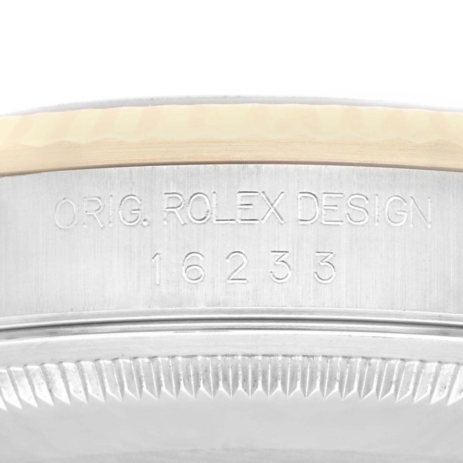 The image shows a close-up of the Rolex Datejust 16233 Men's Steel and Gold (two tone) Champagne Dial model's engraving on the case side, displaying its model number 16233.