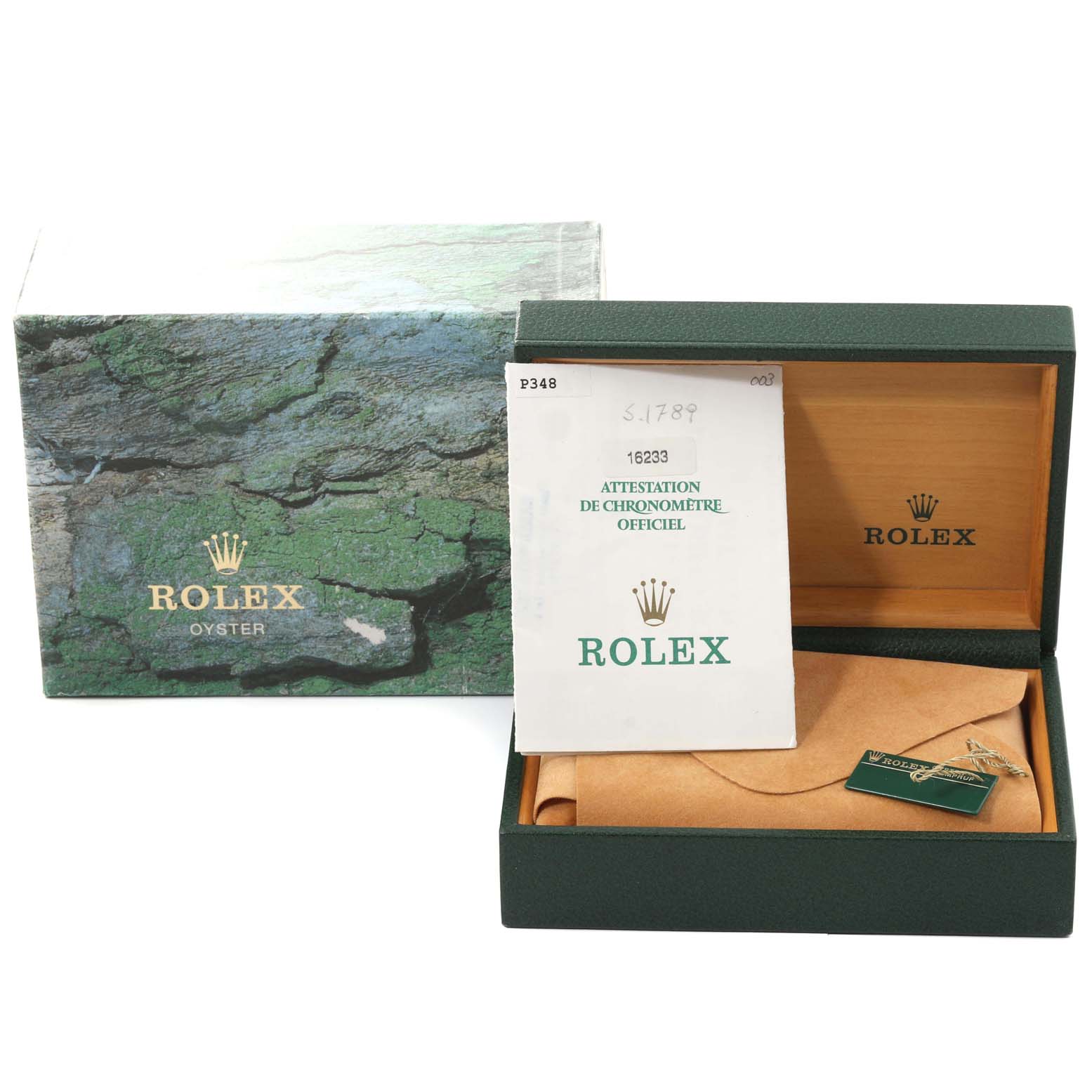 The image shows the packaging and warranty card of a Rolex Datejust 16233 Men's Steel and Gold (two tone) Champagne Dial watch at an angle displaying the box and certificate.