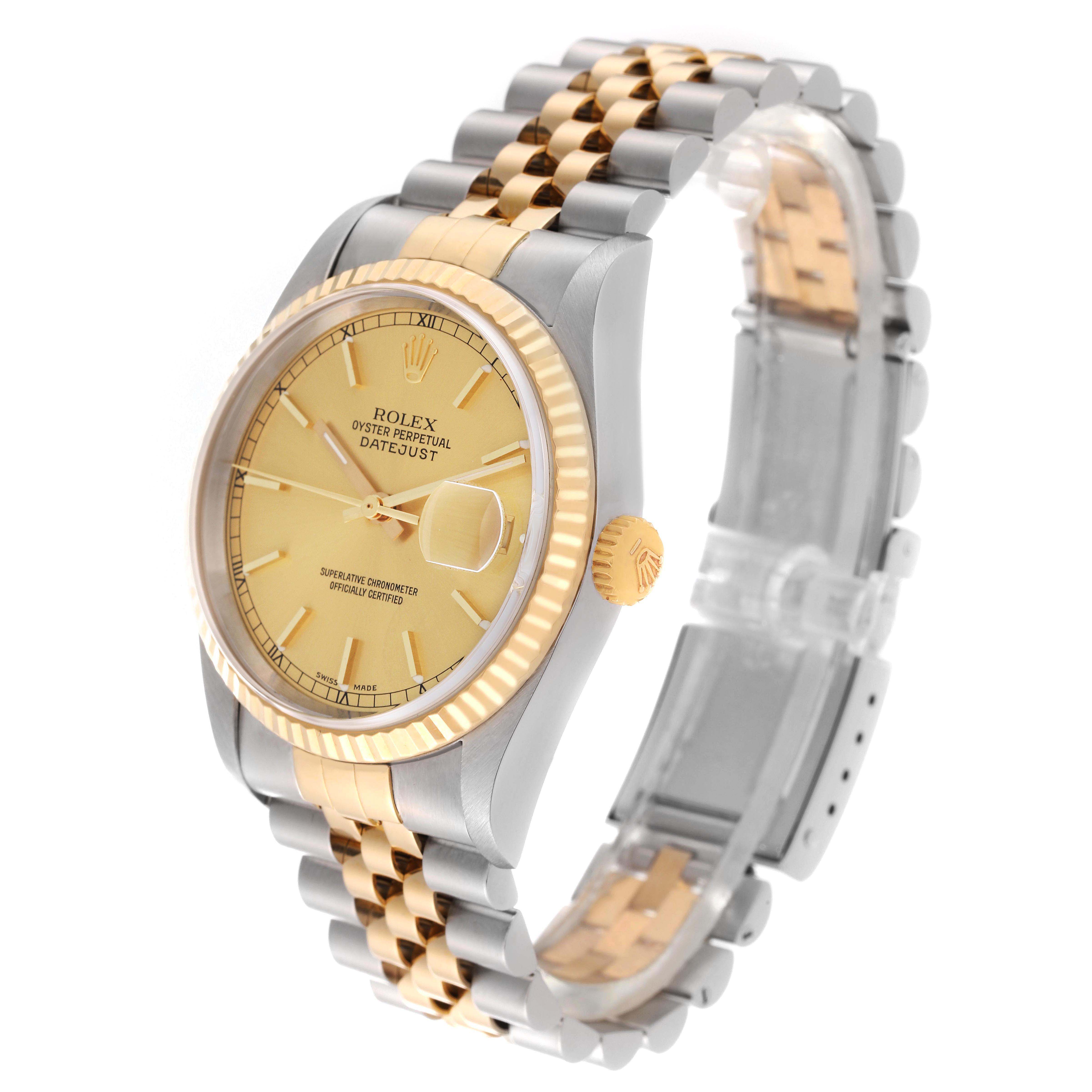 The image shows a Rolex Datejust 16233 Men's Steel and Gold (two tone) Champagne Dial watch at a left-side angle, highlighting the dial, bezel, bracelet, and crown.