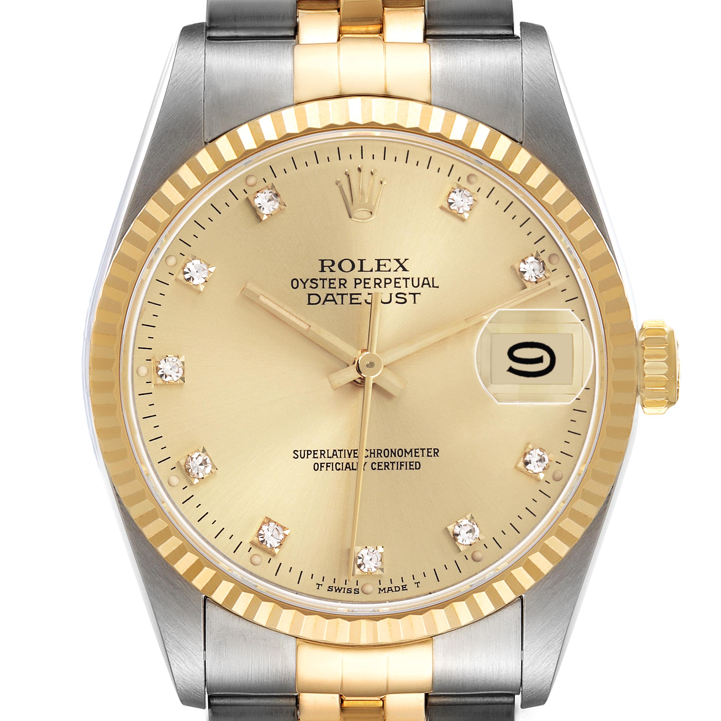 The Rolex Datejust 16233 Men
s Steel and Gold (two tone) Champagne Dial 16233 Men
s Steel and Gold (two tone) Champagne Dial watch is shown from the front, displaying the dial, hands, date window, and part of the bracelet.