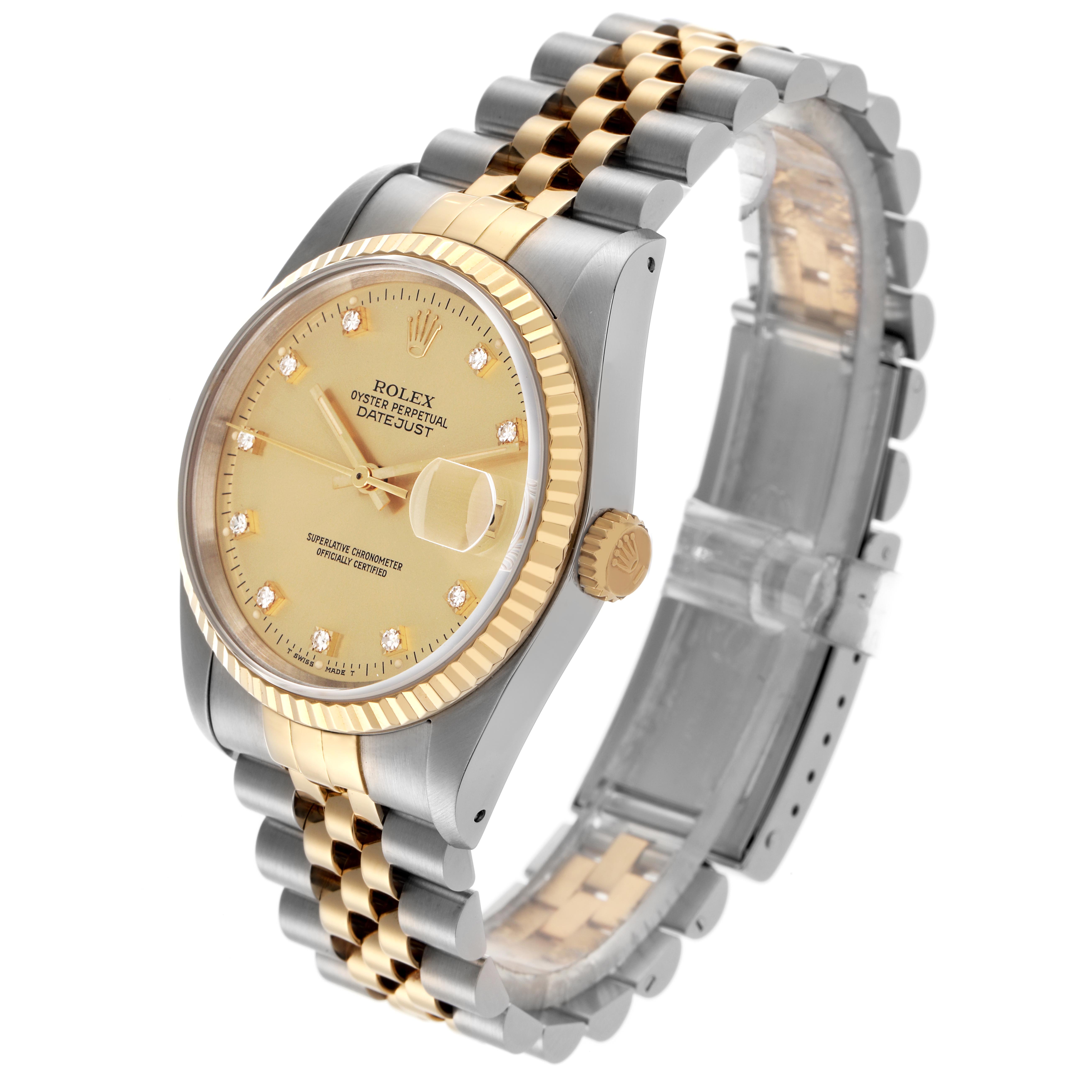 The Rolex Datejust 16233 Men
s Steel and Gold (two tone) Champagne Dial 16233 Men
s Steel and Gold (two tone) Champagne Dial watch is shown at a three-quarter angle, highlighting the dial, bezel, and metal bracelet.