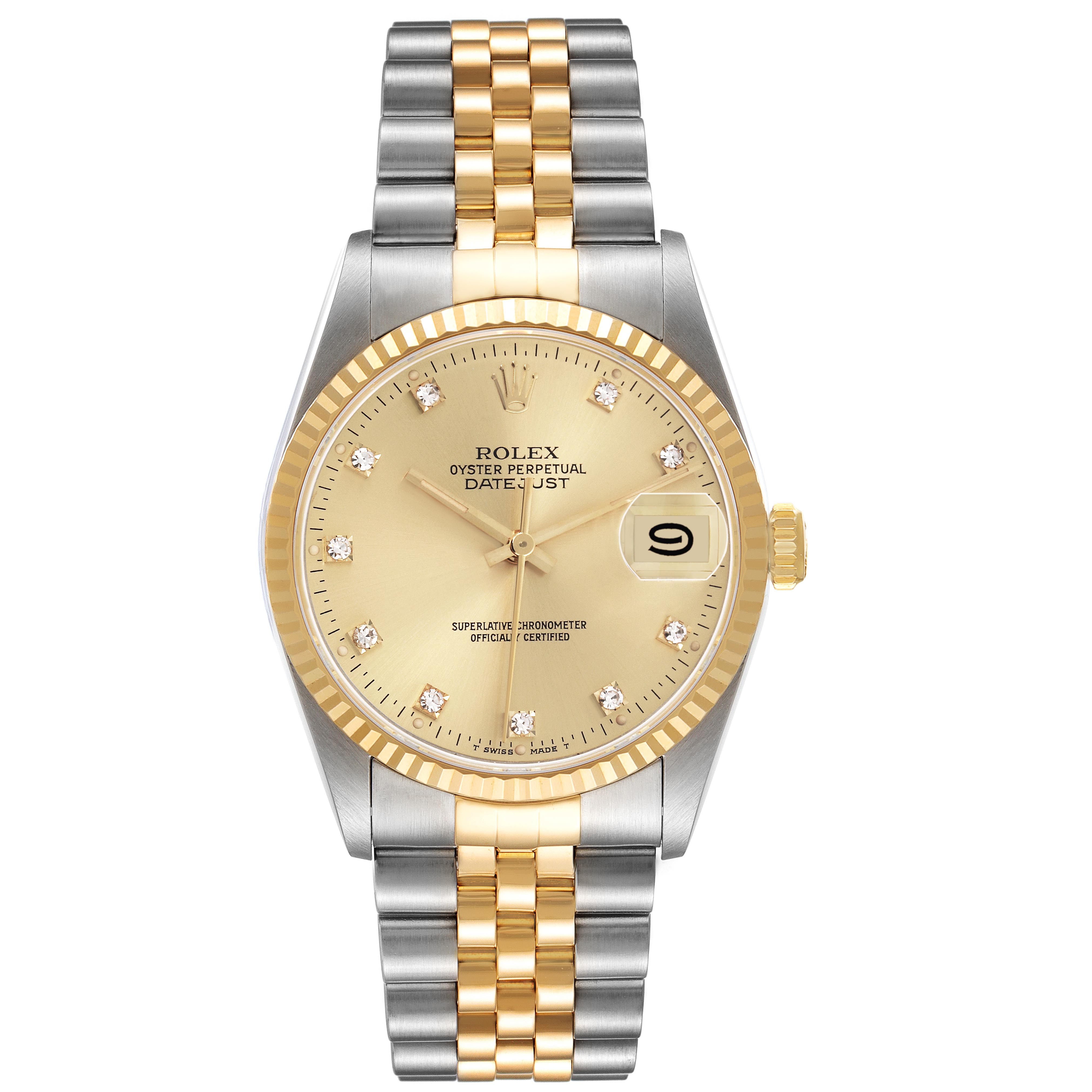 The Rolex Datejust 16233 Men
s Steel and Gold (two tone) Champagne Dial 16233 Men
s Steel and Gold (two tone) Champagne Dial watch is shown from a front angle, highlighting the dial, bezel, and two-tone bracelet.