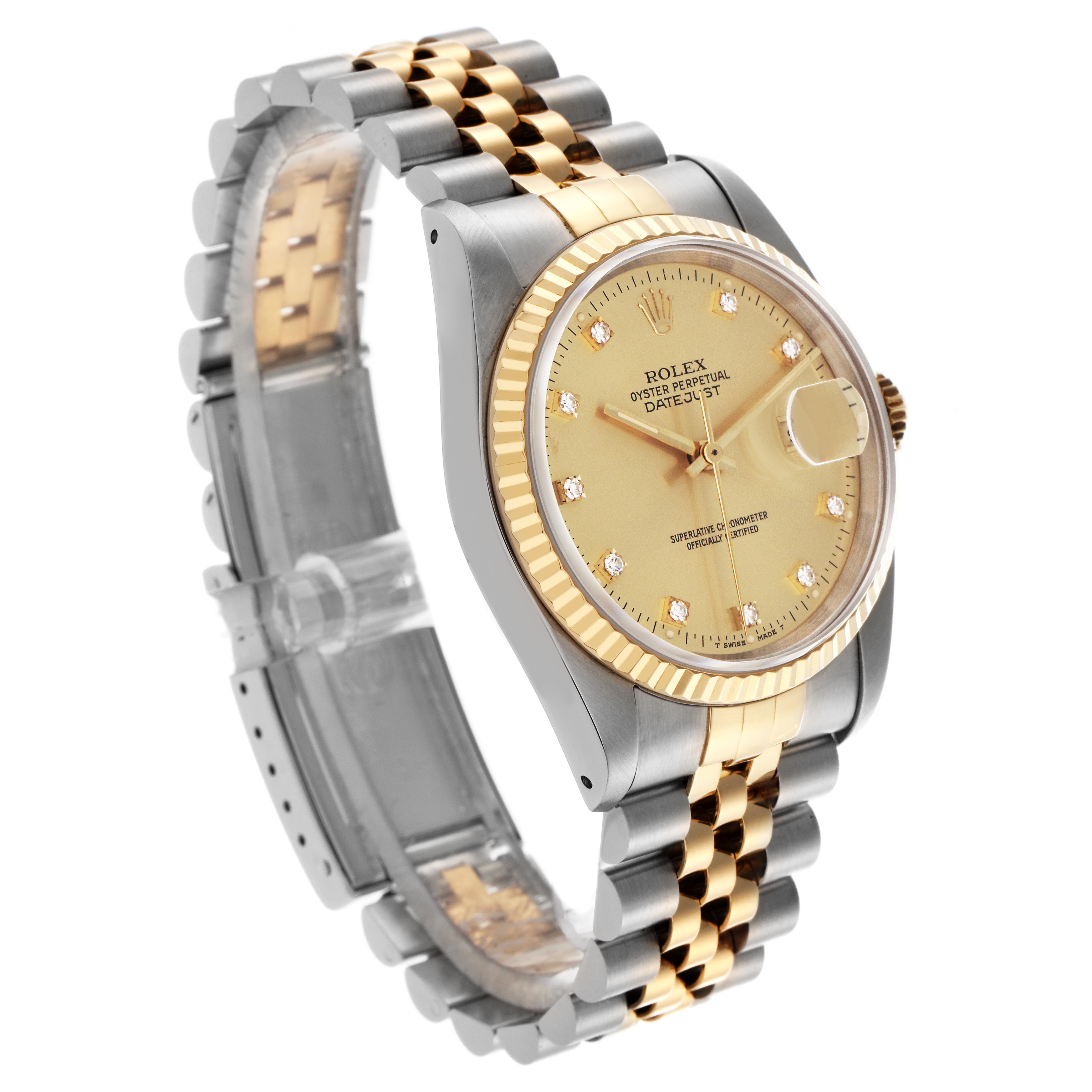 The Rolex Datejust 16233 Men
s Steel and Gold (two tone) Champagne Dial 16233 Men
s Steel and Gold (two tone) Champagne Dial watch is shown at a three-quarter angle, highlighting the gold dial, fluted bezel, and two-tone bracelet.