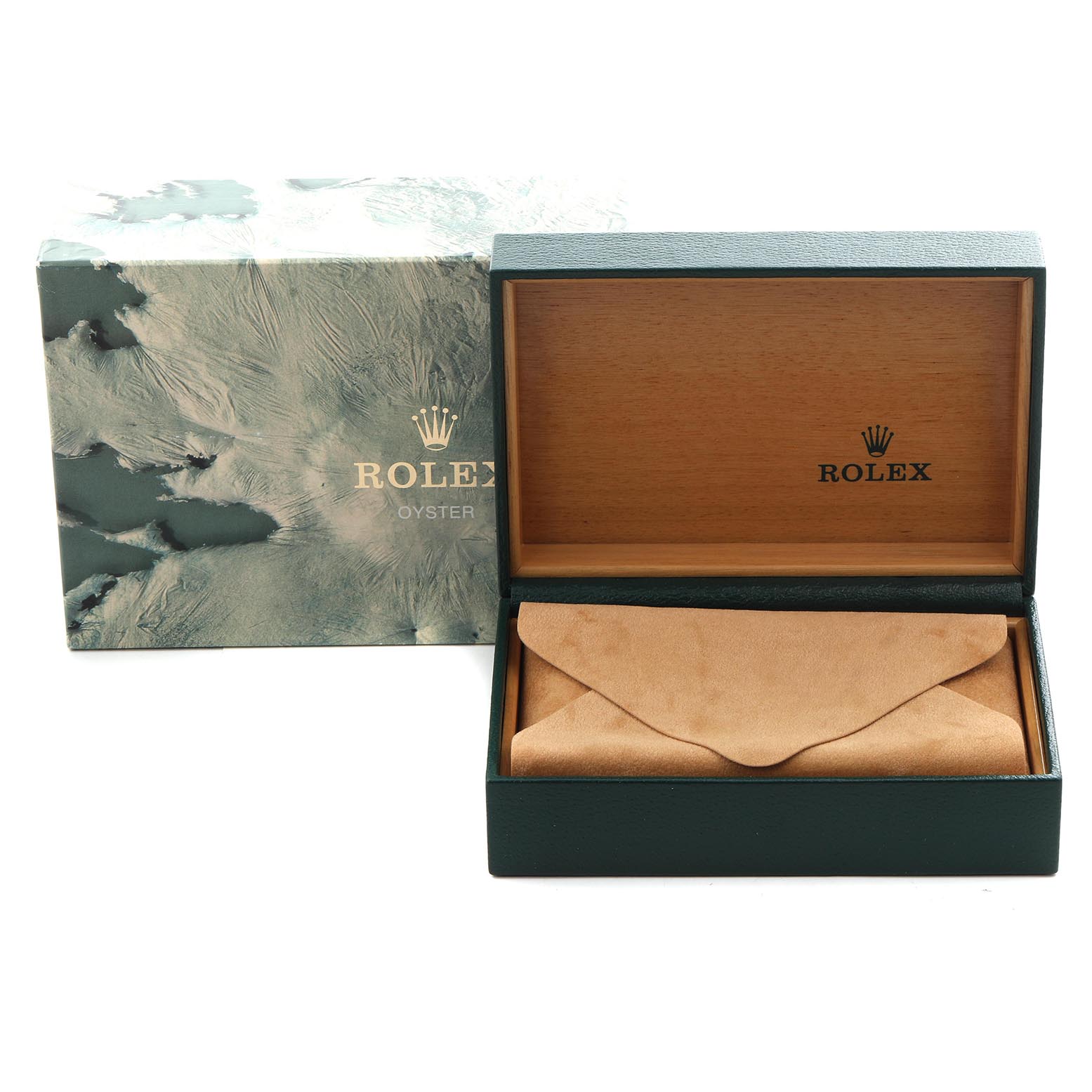 The image shows a Rolex Datejust 16233 Men
s Steel and Gold (two tone) Champagne Dial 16233 Men
s Steel and Gold (two tone) Champagne Dial watch box with a suede pouch inside, viewed from the front.