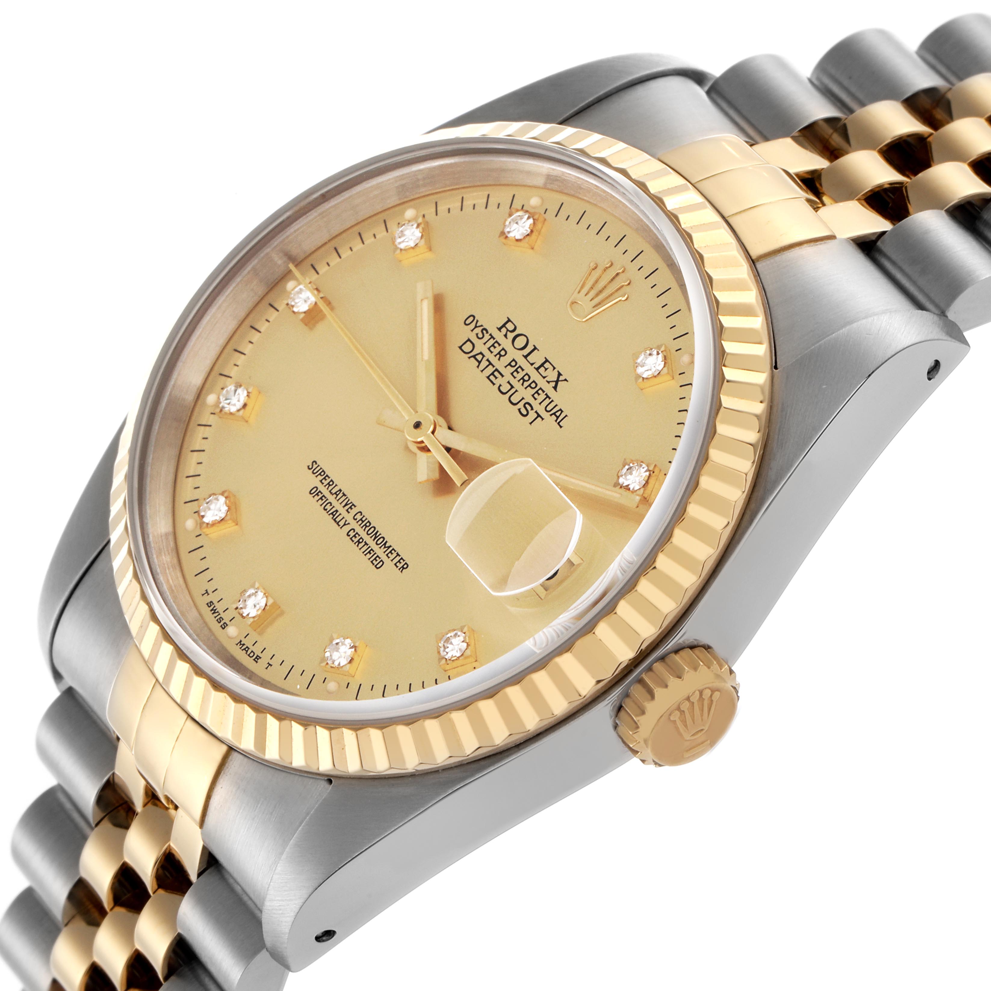 The Rolex Datejust 16233 Men
s Steel and Gold (two tone) Champagne Dial 16233 Men
s Steel and Gold (two tone) Champagne Dial watch is shown at a side angle, highlighting the bezel, dial, crown, and bracelet.