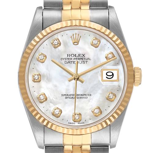 This Rolex Datejust 16233 Men's Stainless Steel Mother of Pearl Dial watch is shown from the front, displaying its dial, fluted bezel, hands, date window, and part of the bracelet.