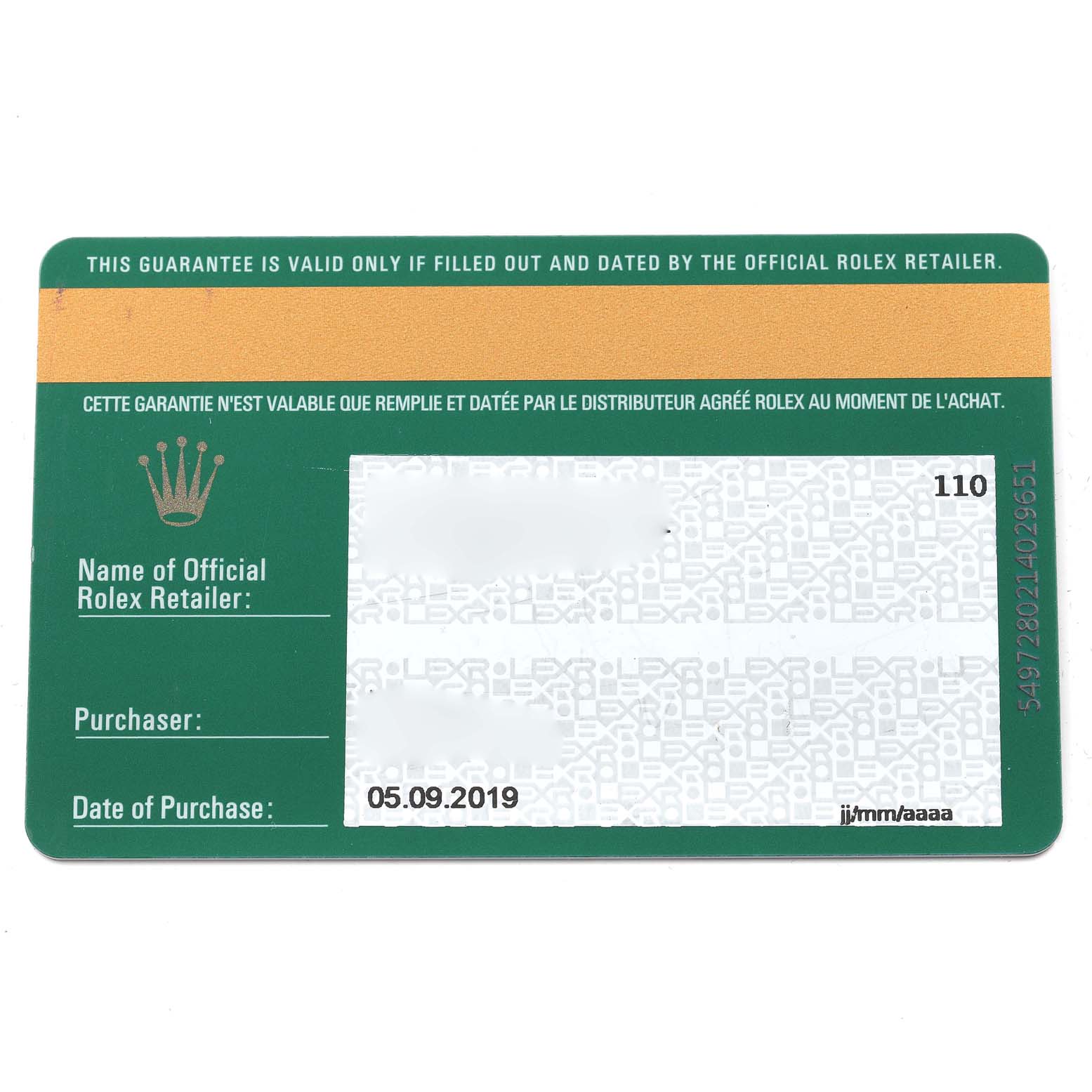 This is the warranty card for the Rolex Datejust 41 126334 Men's Stainless Steel Blue Dial 126334 Men's Stainless Steel Blue Dial watch, shown from a top-down angle.