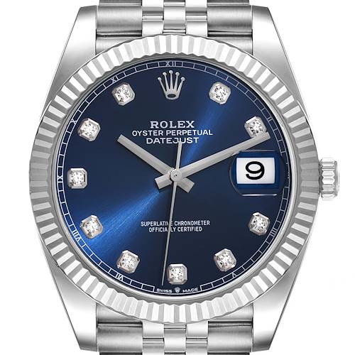 Photo of Rolex Datejust 41 Steel White Gold Blue Diamond Dial Mens Watch 126334 Box Card