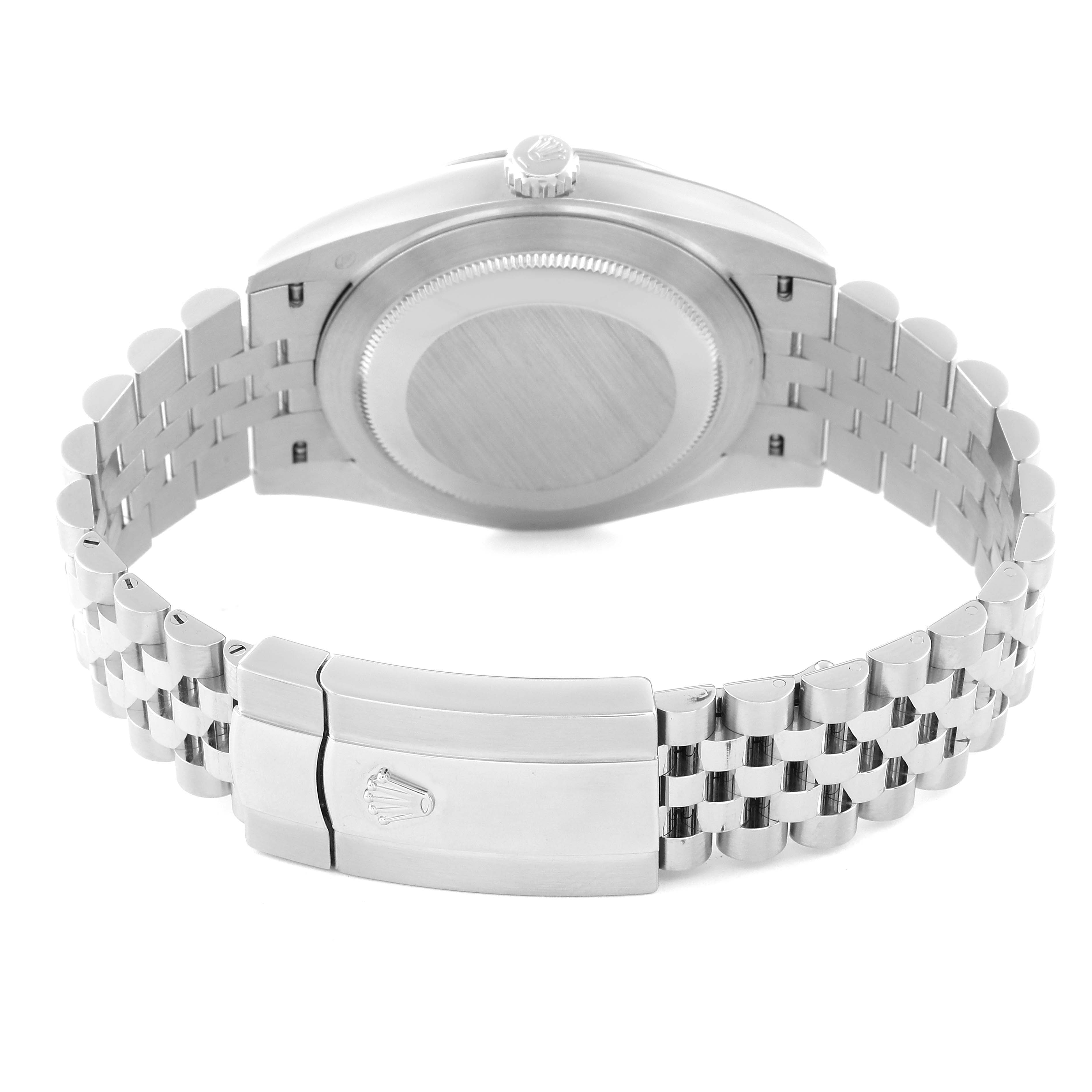 This image shows the back view of a Rolex Datejust 41 126334 Men's Stainless Steel Blue Dial 126334 Men's Stainless Steel Blue Dial watch, highlighting the closed clasp and bracelet links.