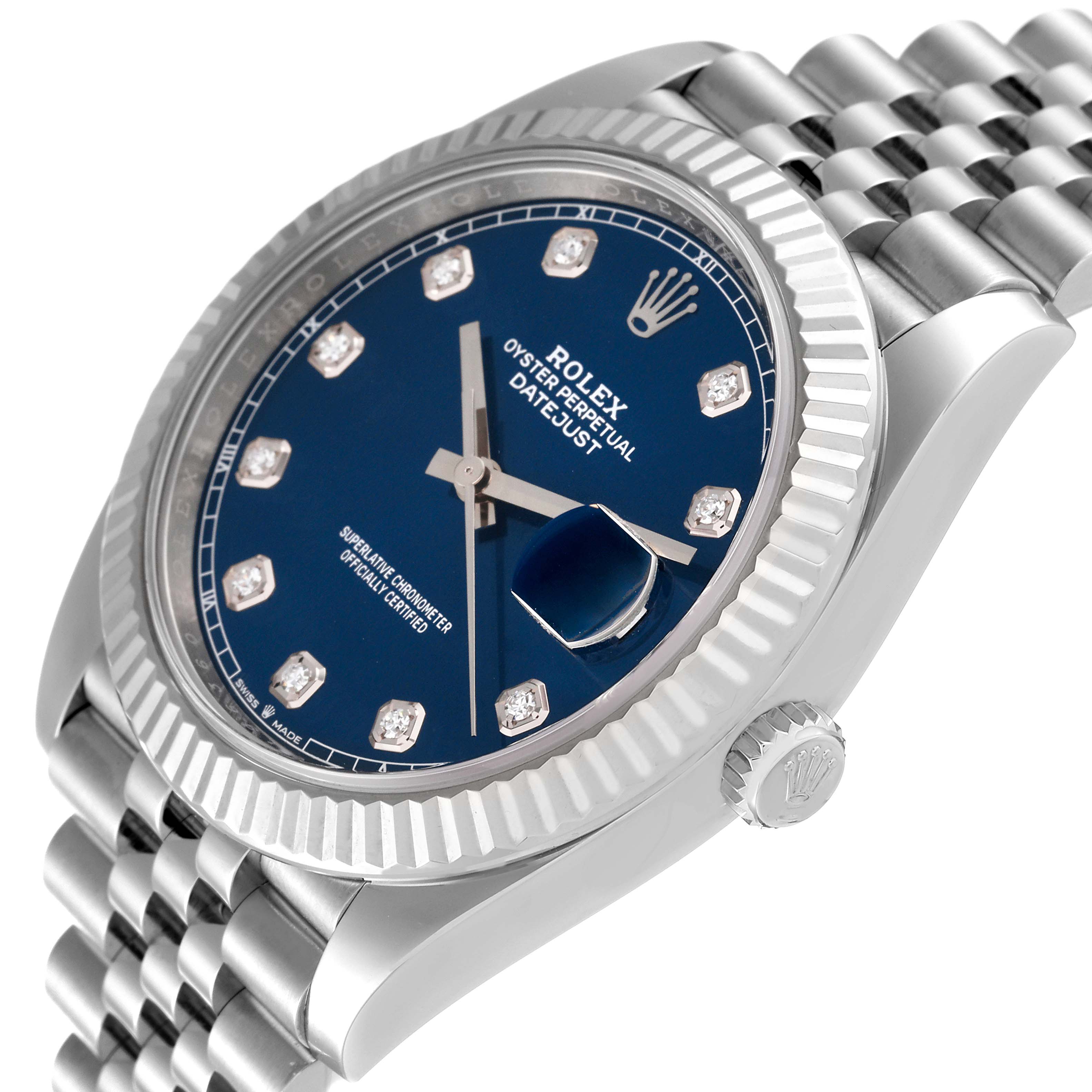 This image shows a close-up angle of the Rolex Datejust 41 126334 Men's Stainless Steel Blue Dial 126334 Men's Stainless Steel Blue Dial watch, highlighting its face, dial, bezel, and bracelet.