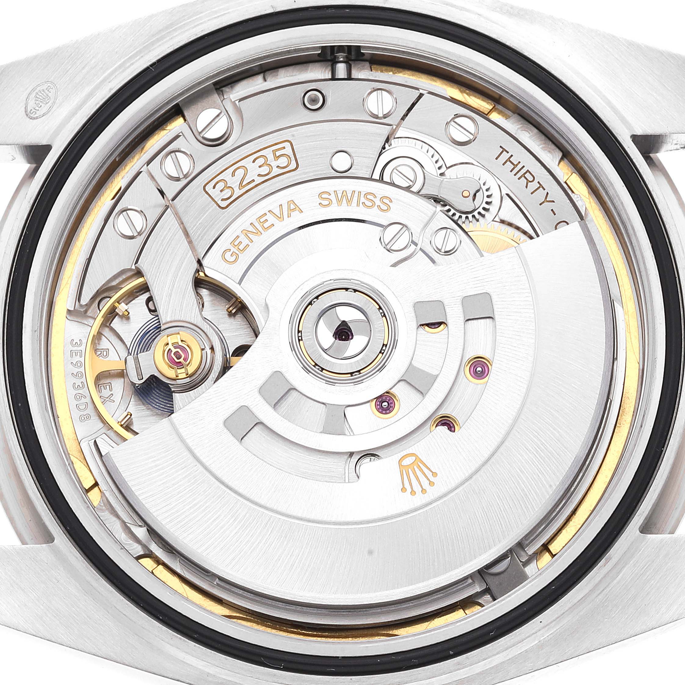 This image shows the movement and inner mechanism of the Rolex Datejust 41 126334 Men's Stainless Steel Blue Dial 126334 Men's Stainless Steel Blue Dial model watch from a case-back angle.