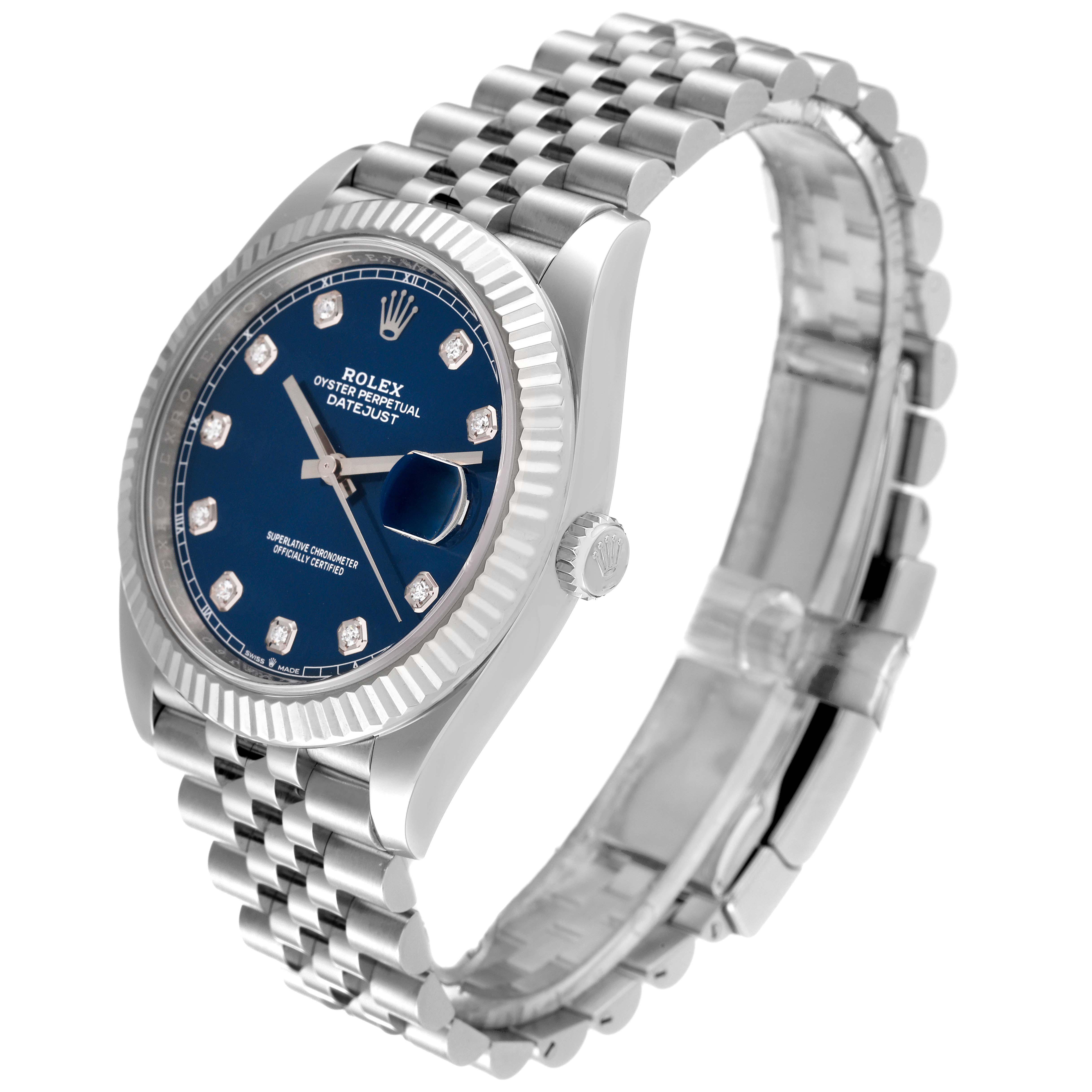 The image shows a Rolex Datejust 41 126334 Men's Stainless Steel Blue Dial 126334 Men's Stainless Steel Blue Dial watch at an angled side view, revealing the dial, bezel, crown, and bracelet.