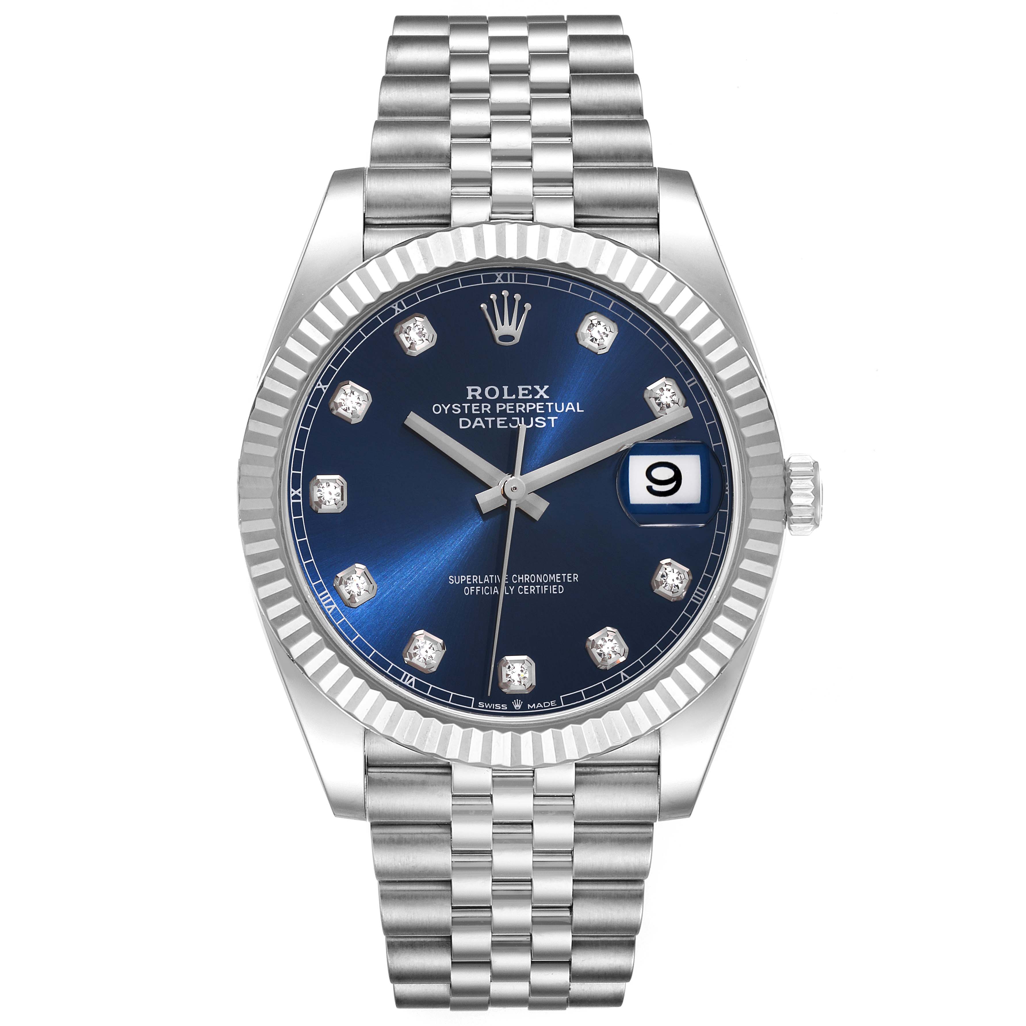 The image shows a front view of the Rolex Datejust 41 126334 Men's Stainless Steel Blue Dial 126334 Men's Stainless Steel Blue Dial watch, highlighting the blue dial, fluted bezel, and Jubilee bracelet.