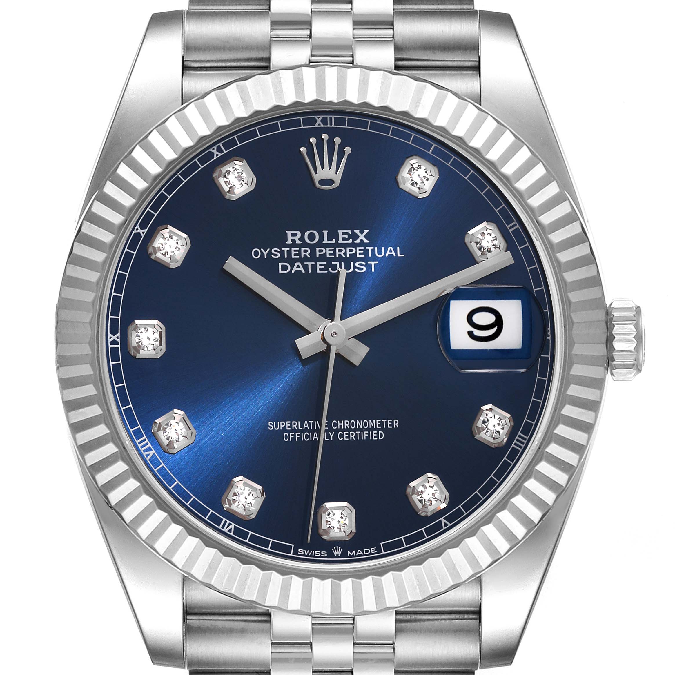 This image shows a frontal view of the Rolex Datejust 41 126334 Men's Stainless Steel Blue Dial 126334 Men's Stainless Steel Blue Dial watch, highlighting its blue dial, diamond hour markers, and date window.