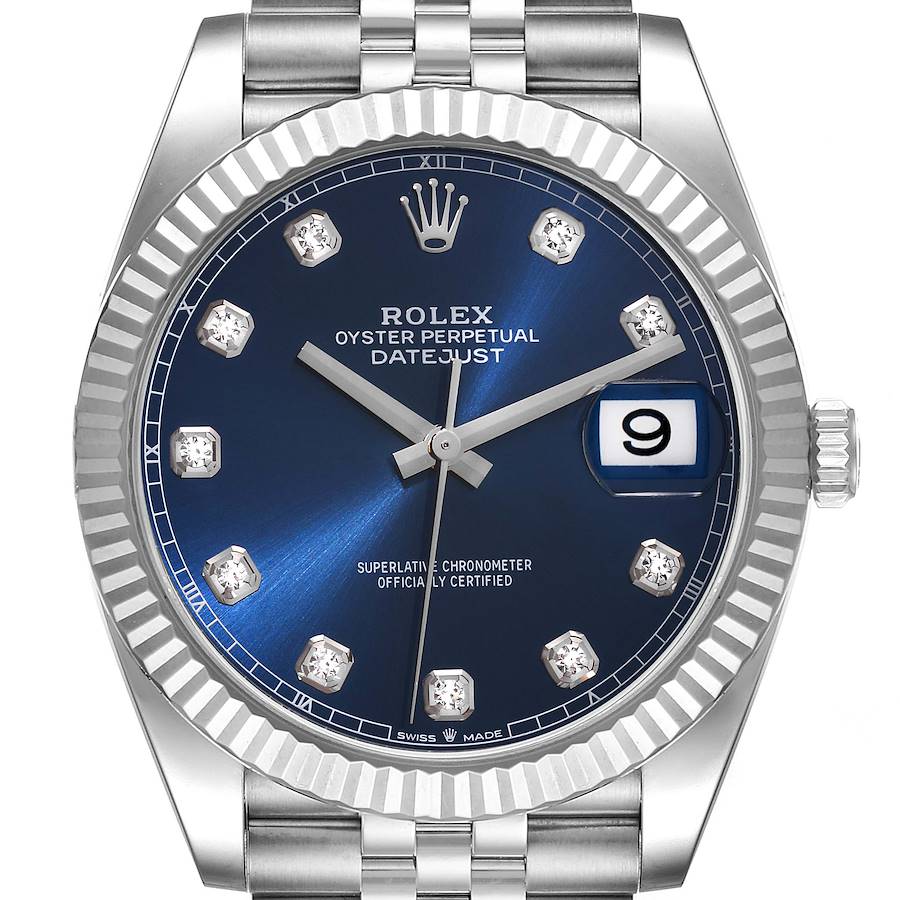 Rolex Datejust 41 Steel White Gold Blue Diamond Dial Mens Watch 126334 Box Card SwissWatchExpo