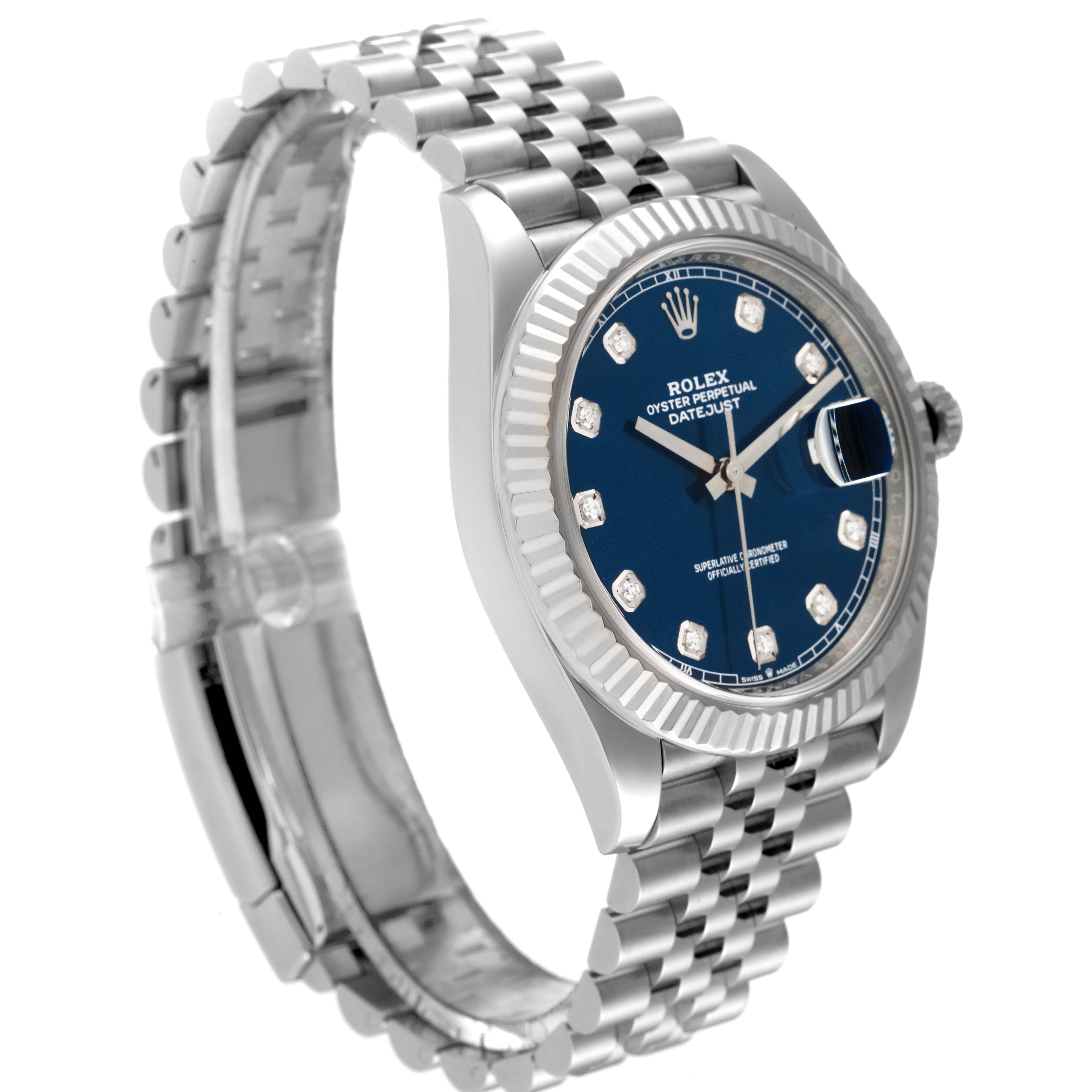 The image shows a front angle view of the Rolex Datejust 41 126334 Men's Stainless Steel Blue Dial 126334 Men's Stainless Steel Blue Dial watch, showcasing its blue dial, fluted bezel, and Jubilee bracelet.